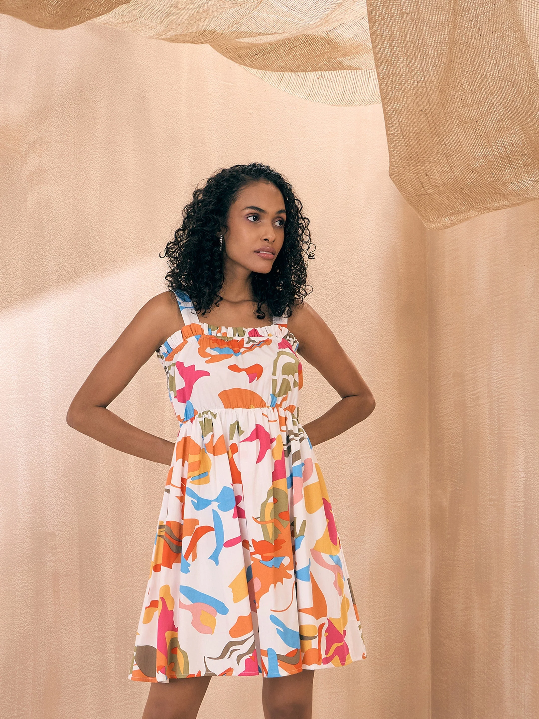 Women Orange Poplin Abstract Ruffle Neck Smocked Skater Dress - Image 5