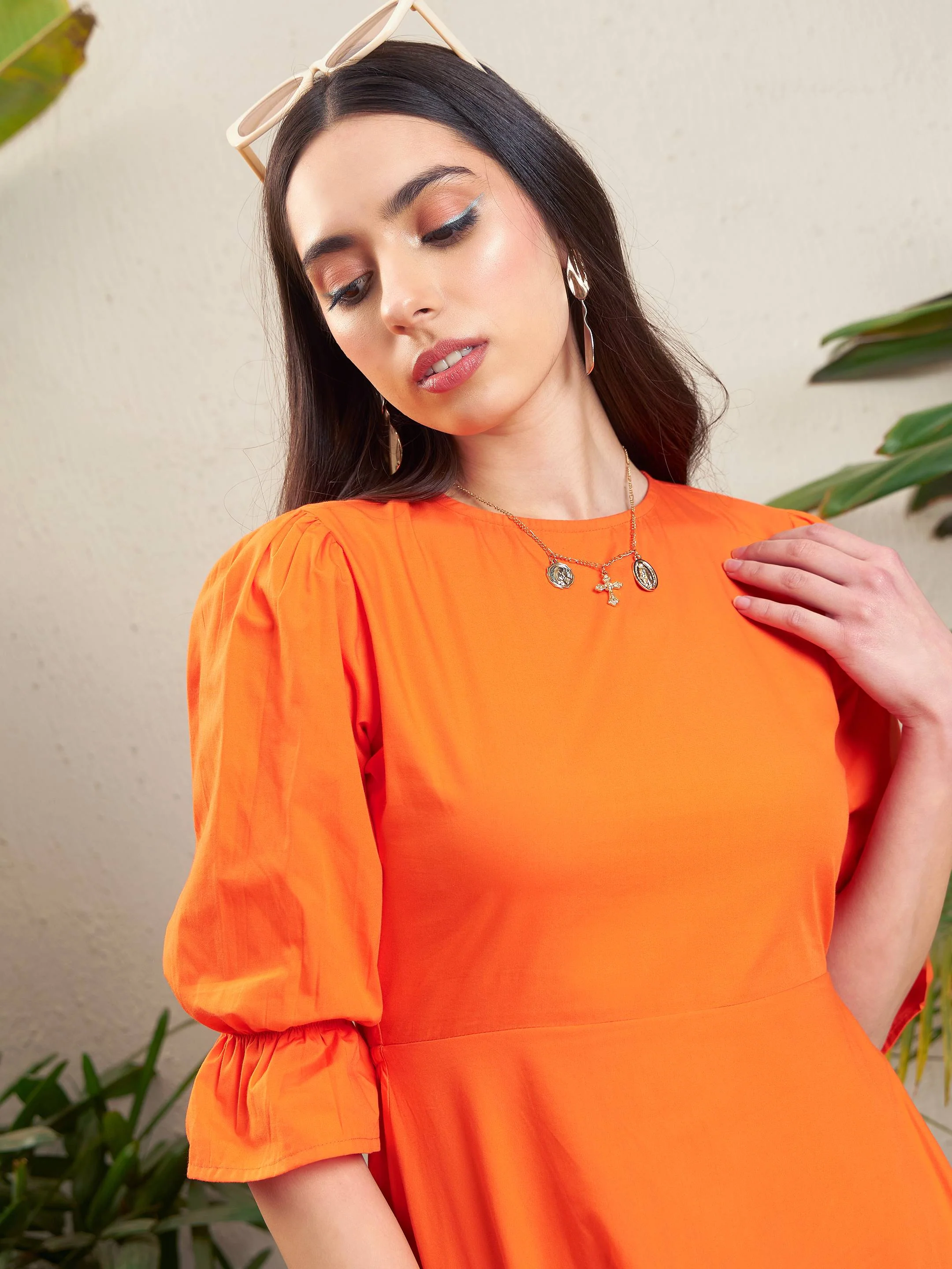 Women Orange Poplin Back Waist Cut-Out Short Dress - Image 3