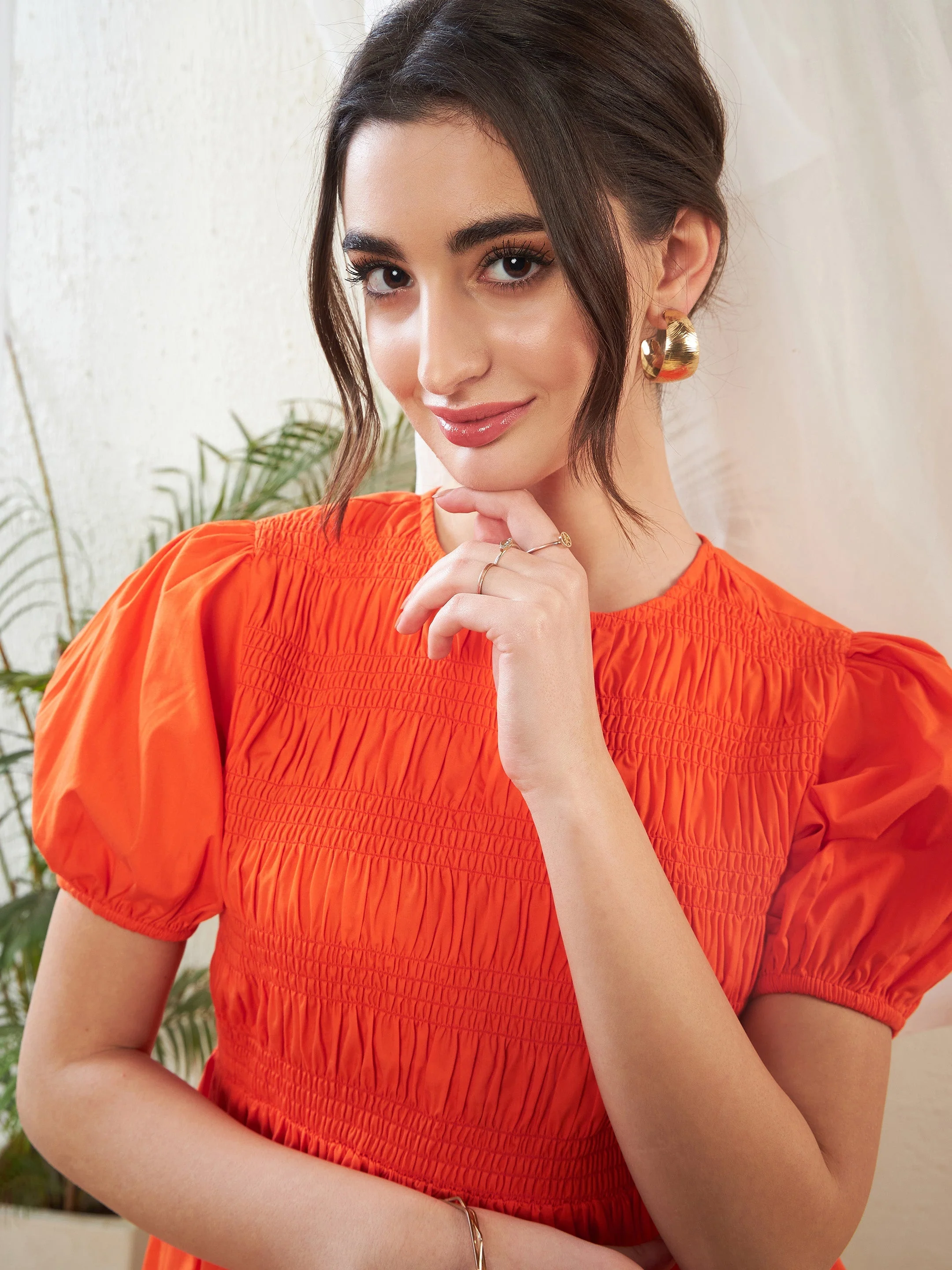Women Orange Poplin Smocked Gathered Dress - Image 3
