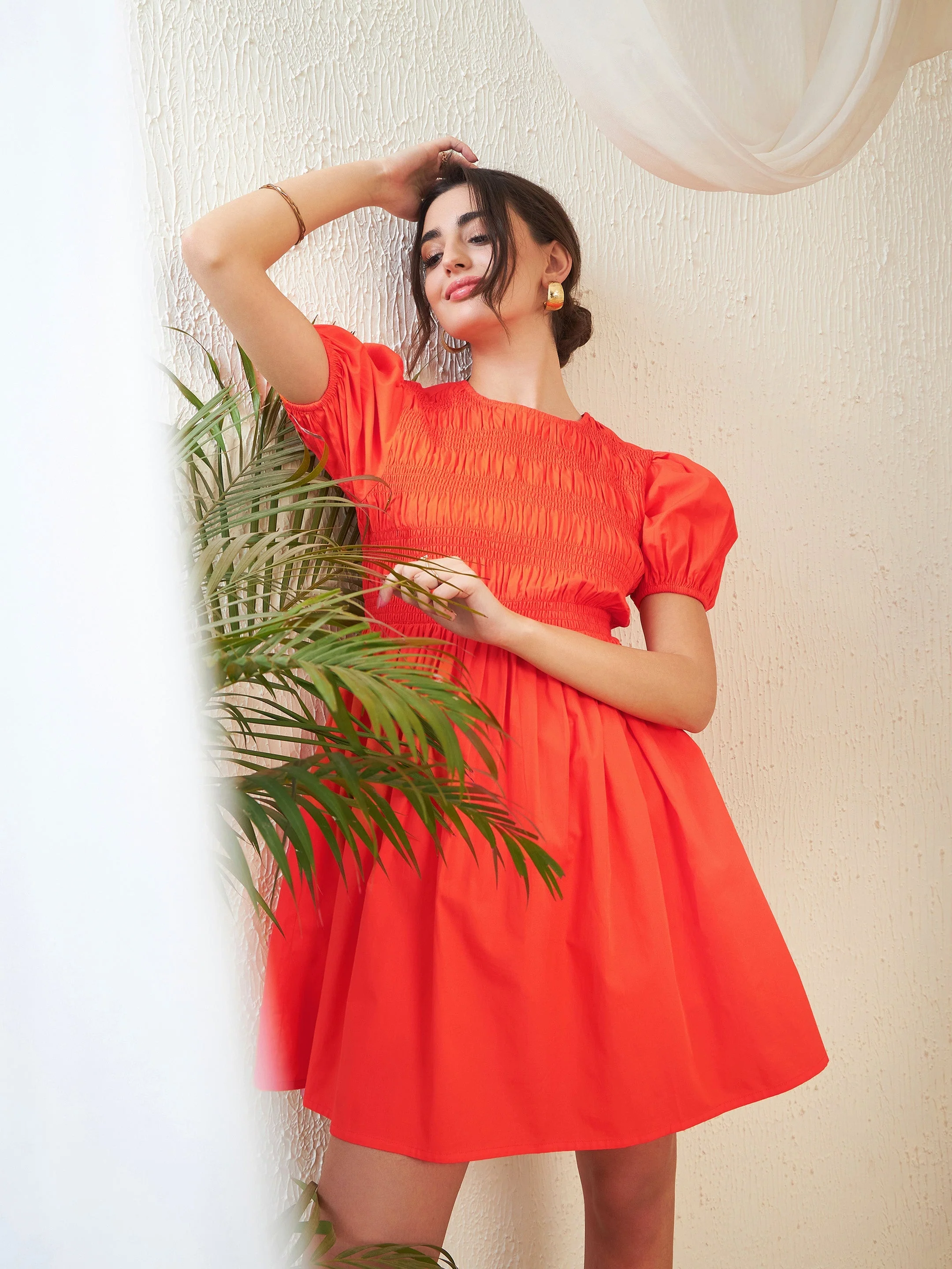 Women Orange Poplin Smocked Gathered Dress - Image 4