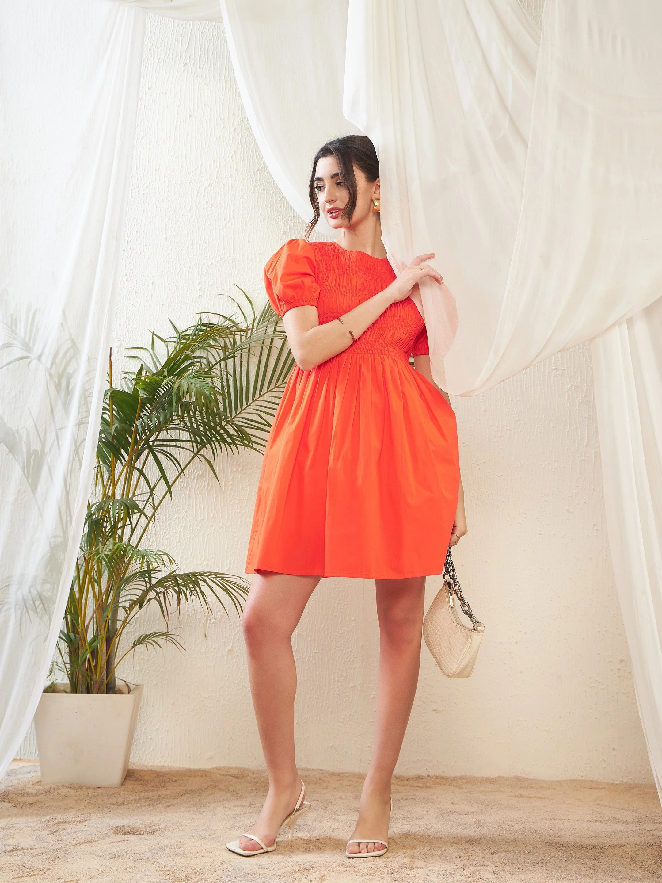 Women Orange Poplin Smocked Gathered Dress - Image 6