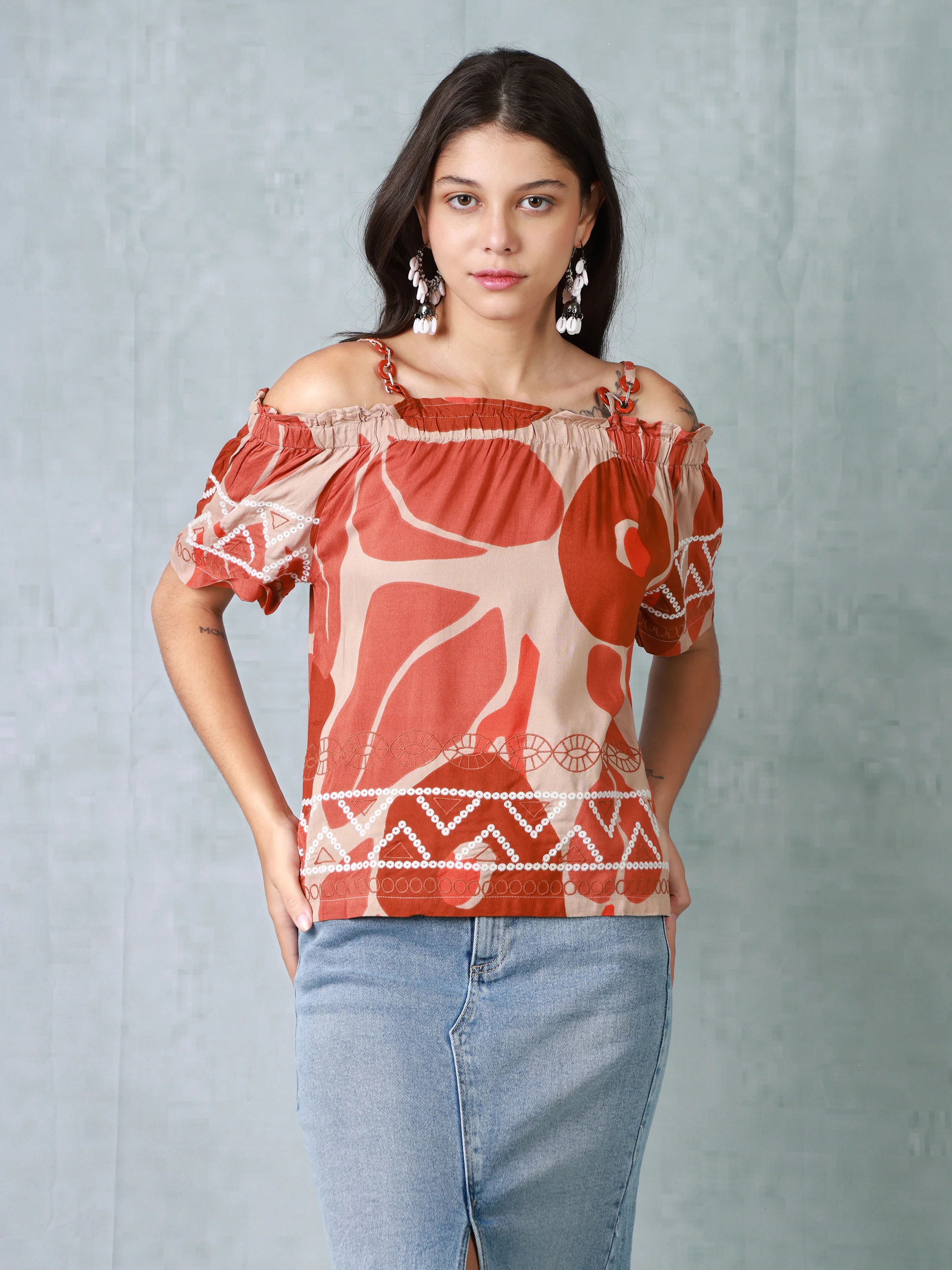 Women Orange Printed Cold Shoulder Top - Image 2