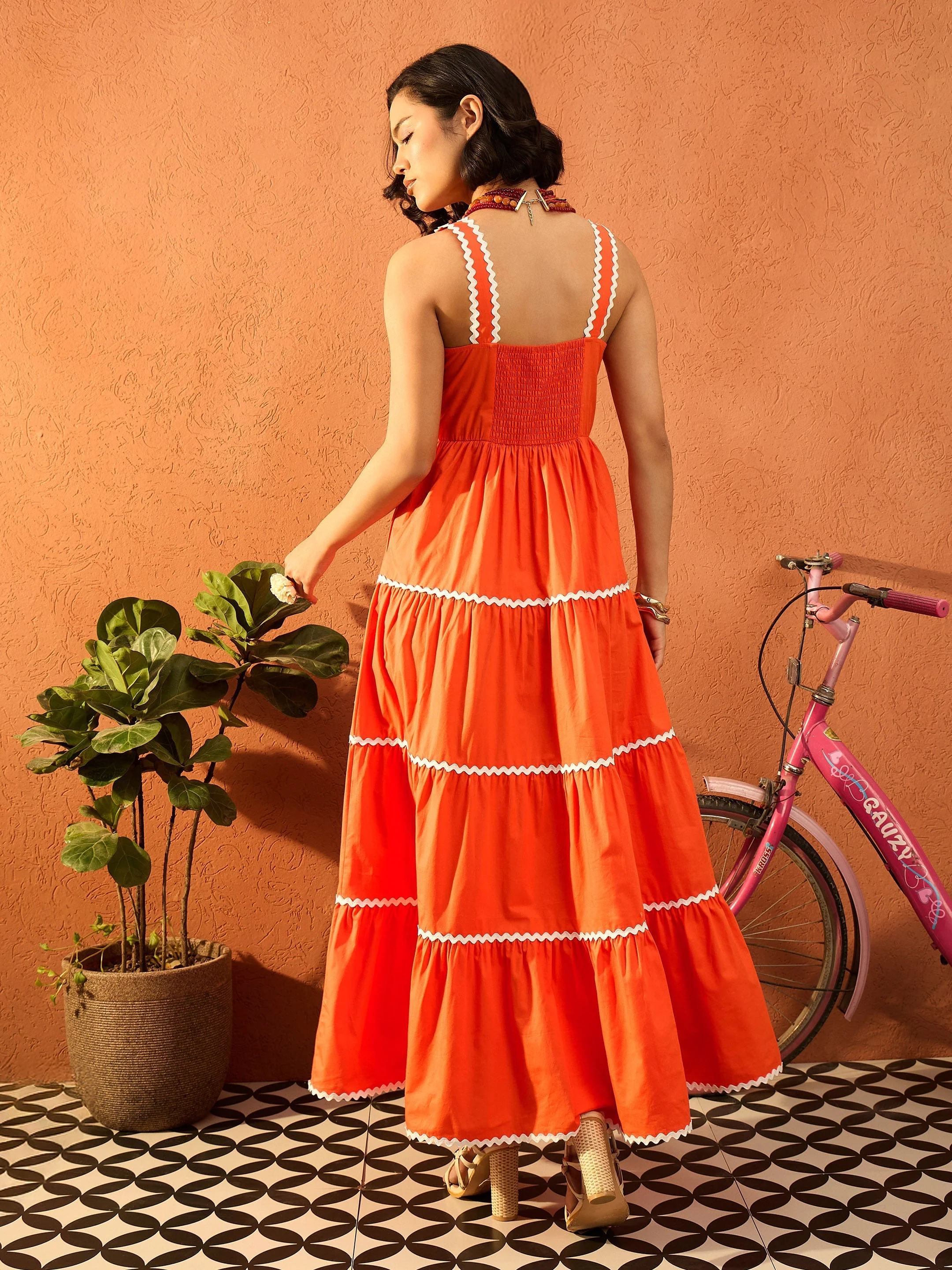 Women Orange Ric Rac Lace Strappy Tiered Maxi Dress - Image 2