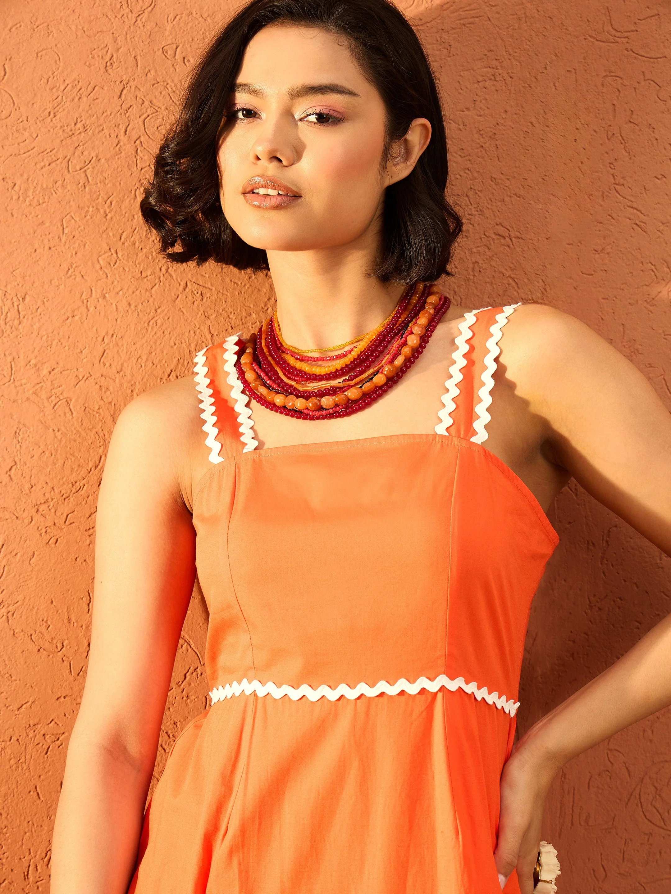 Women Orange Ric Rac Lace Strappy Tiered Maxi Dress - Image 4