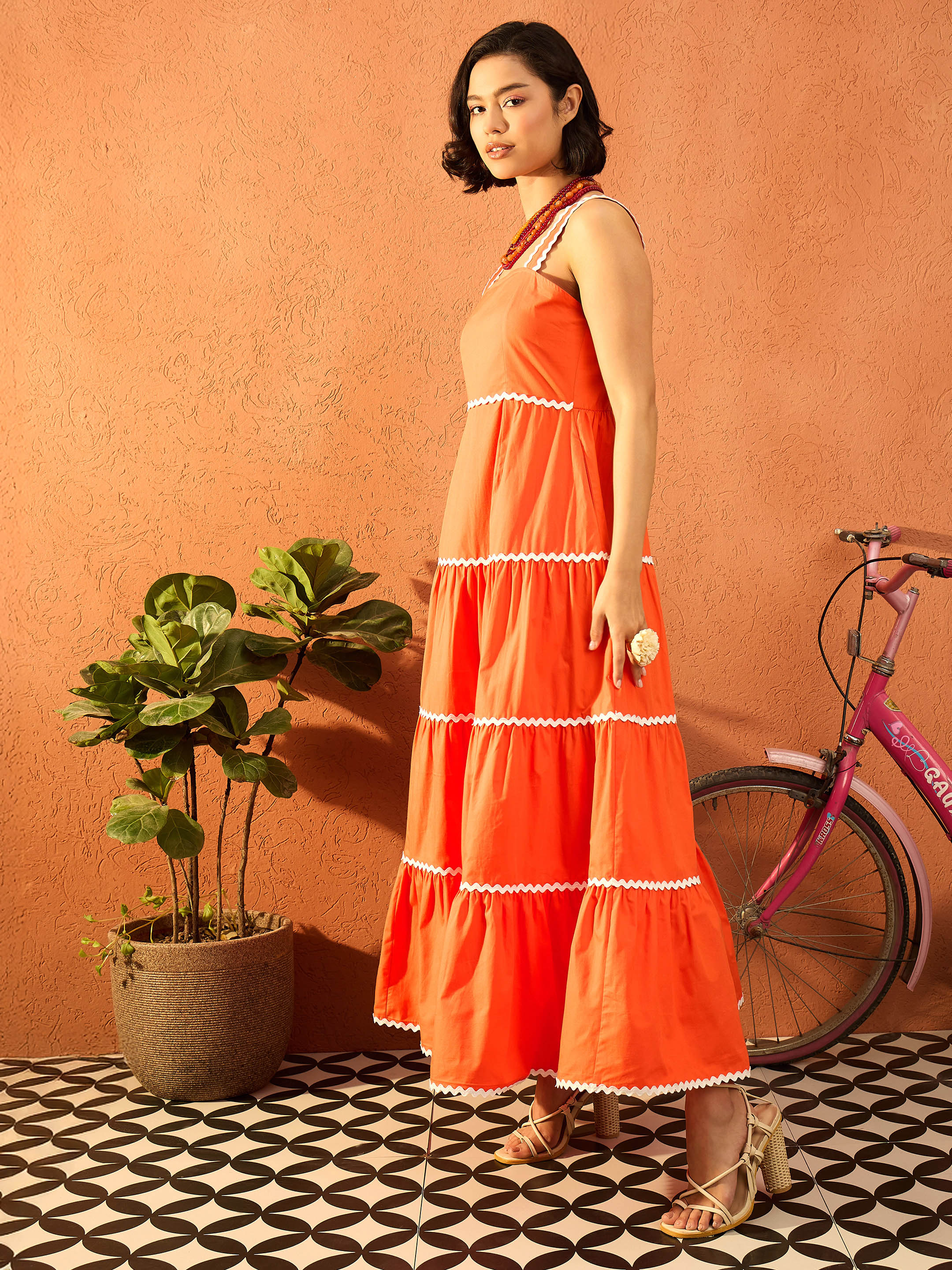 Women Orange Ric Rac Lace Strappy Tiered Maxi Dress - Image 5