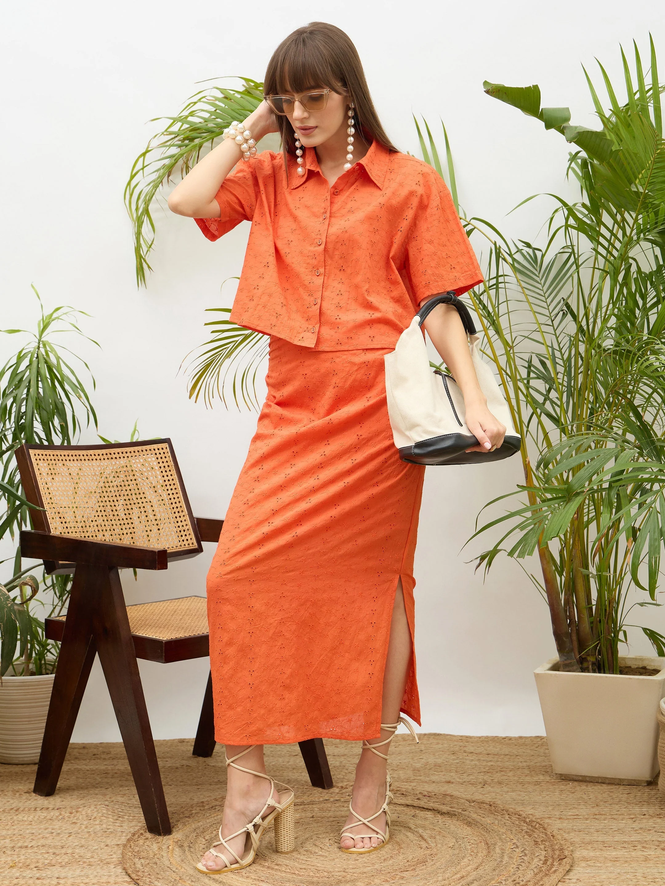 Women Orange Schiffli Shirt with Skirt - Image 2