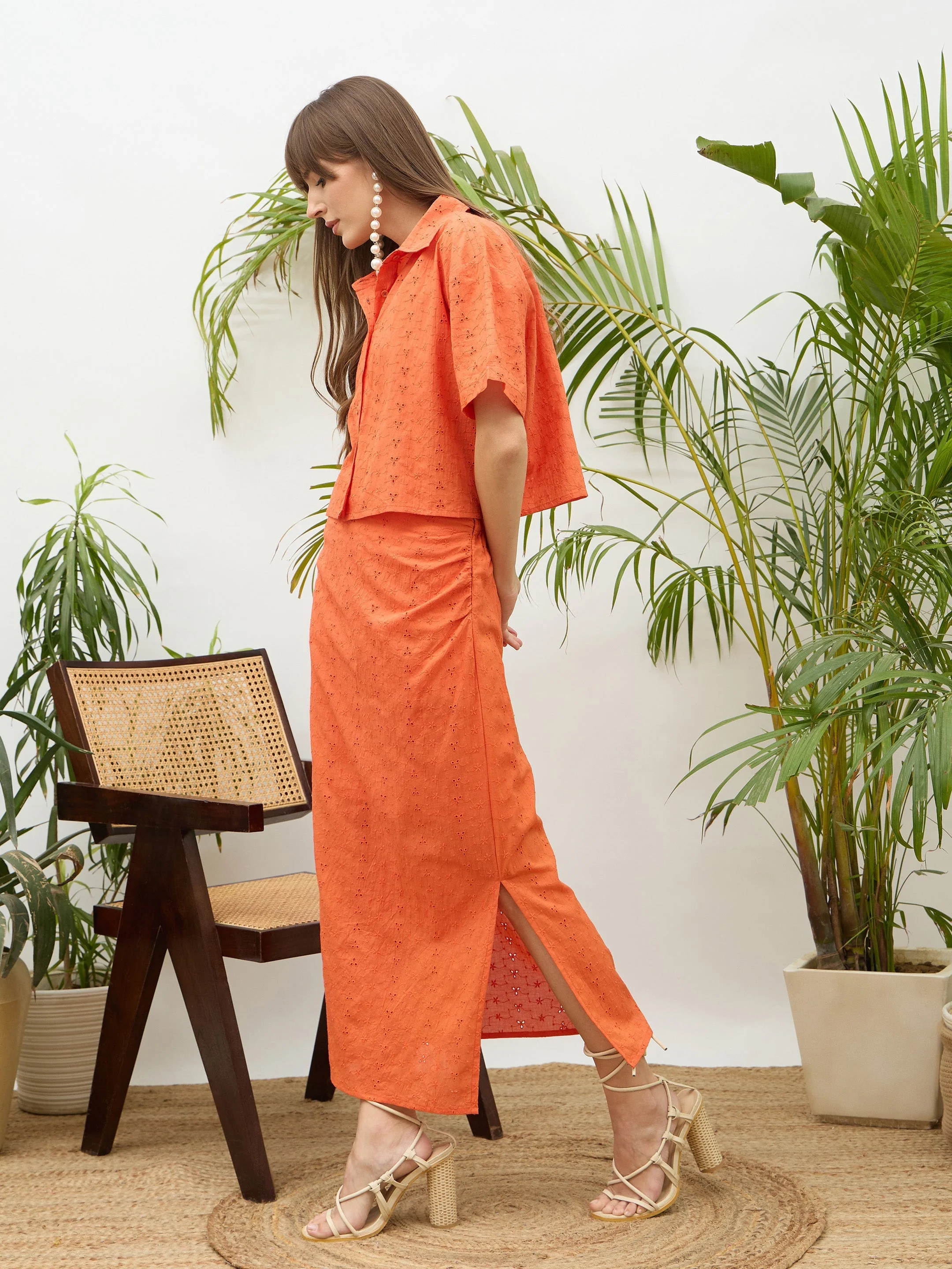 Women Orange Schiffli Shirt with Skirt - Image 3