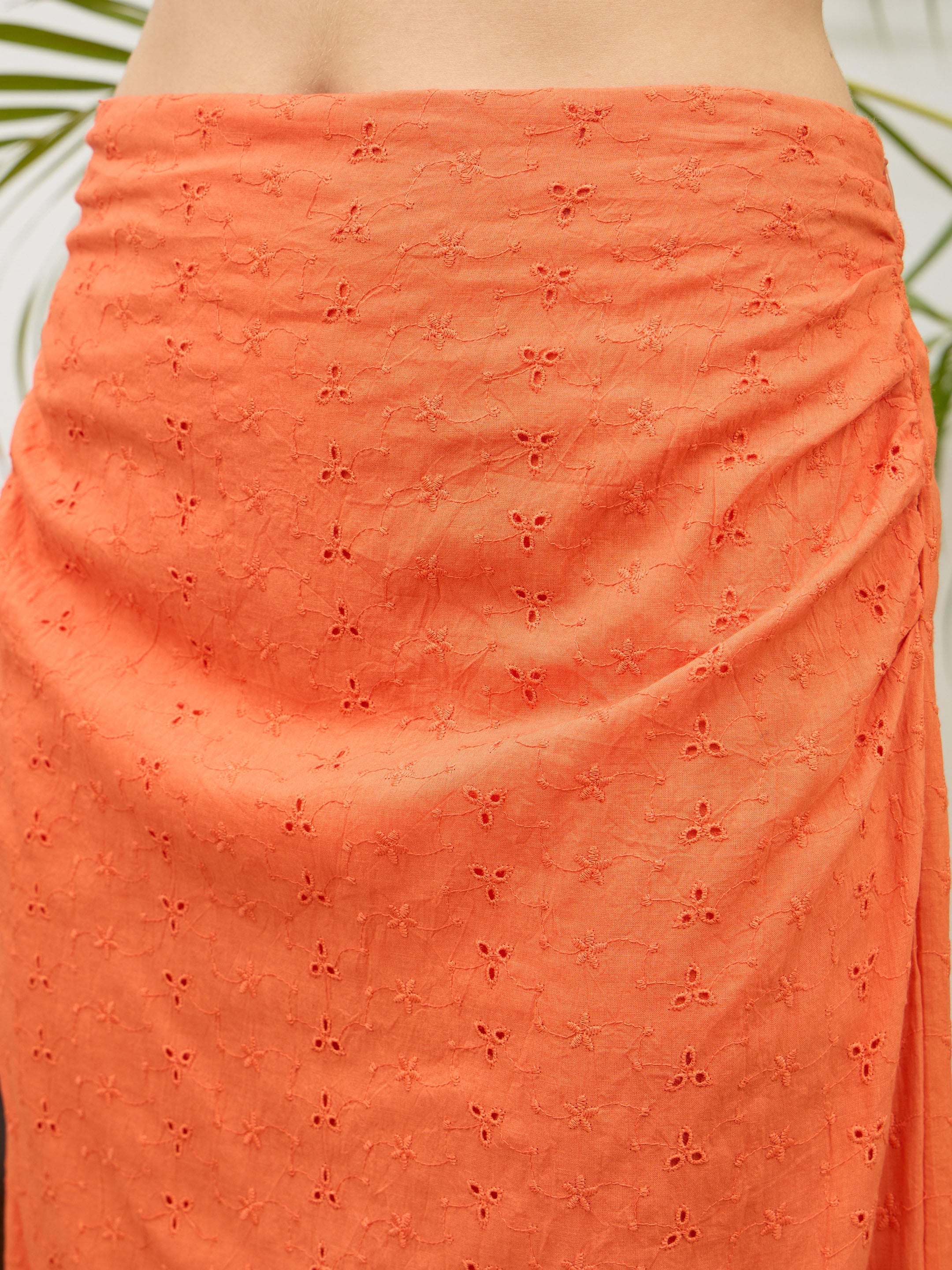 Women Orange Schiffli Shirt with Skirt - Image 5