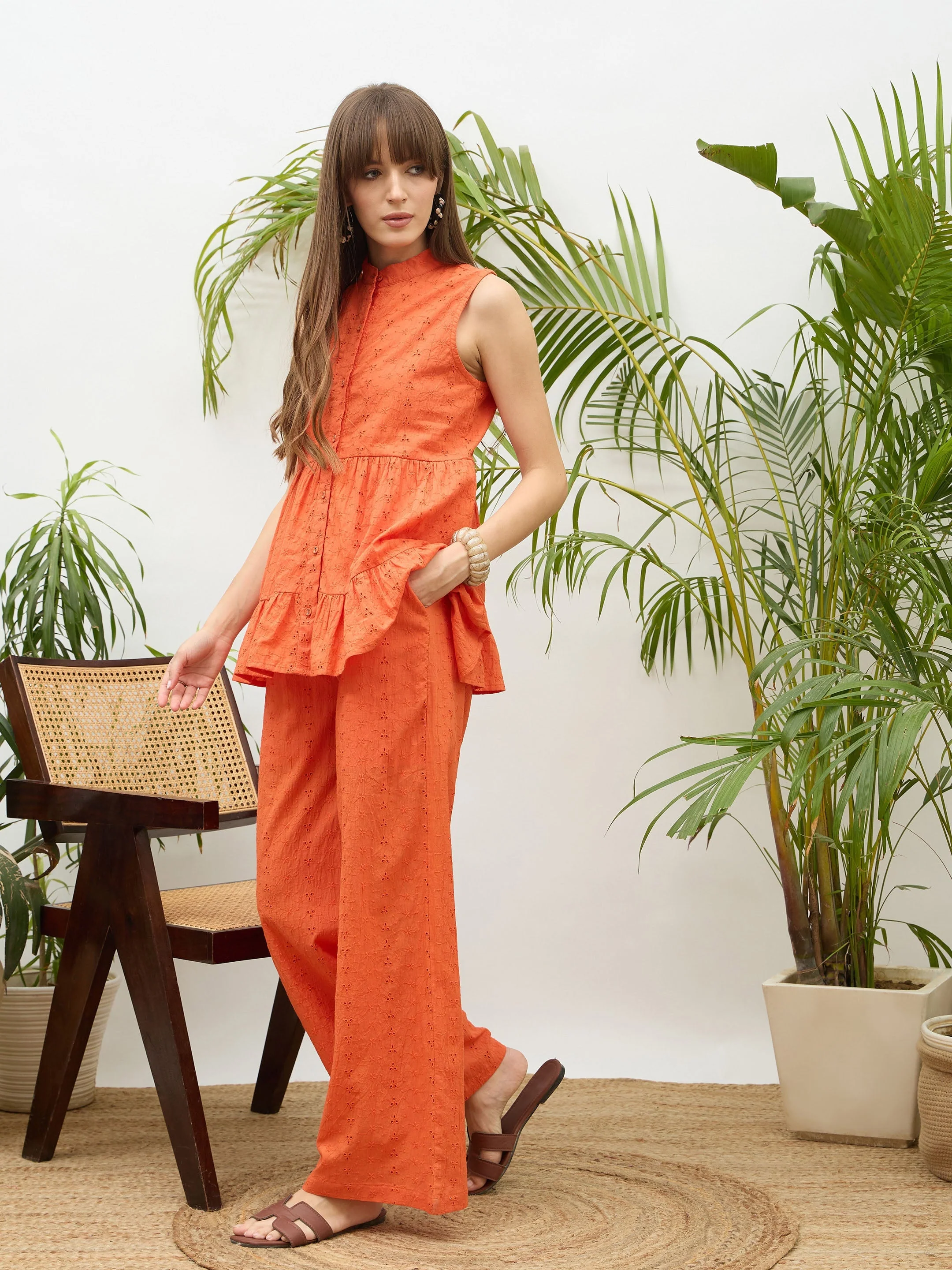 Women Orange Schiffli Tiered Shirt With Palazzo Pants - Image 3