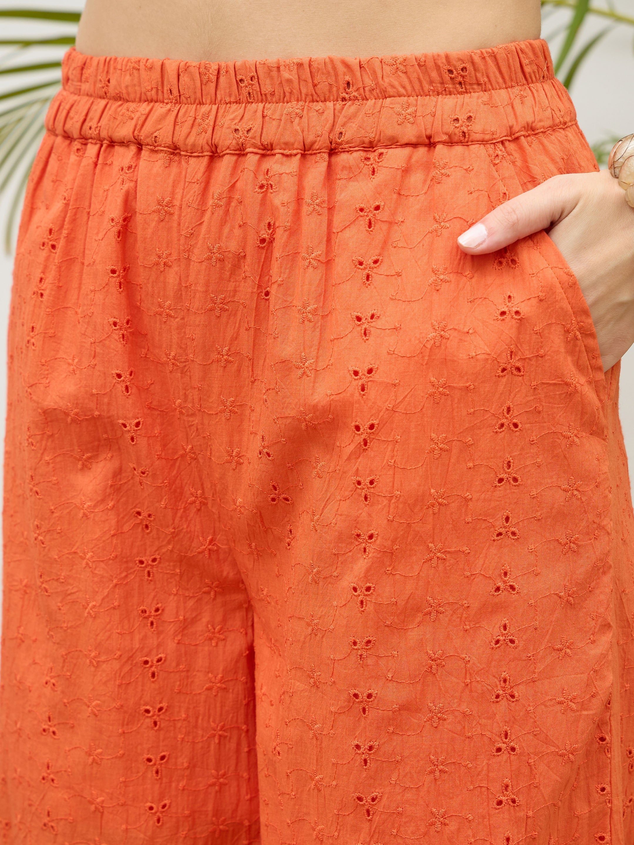 Women Orange Schiffli Tiered Shirt With Palazzo Pants - Image 5
