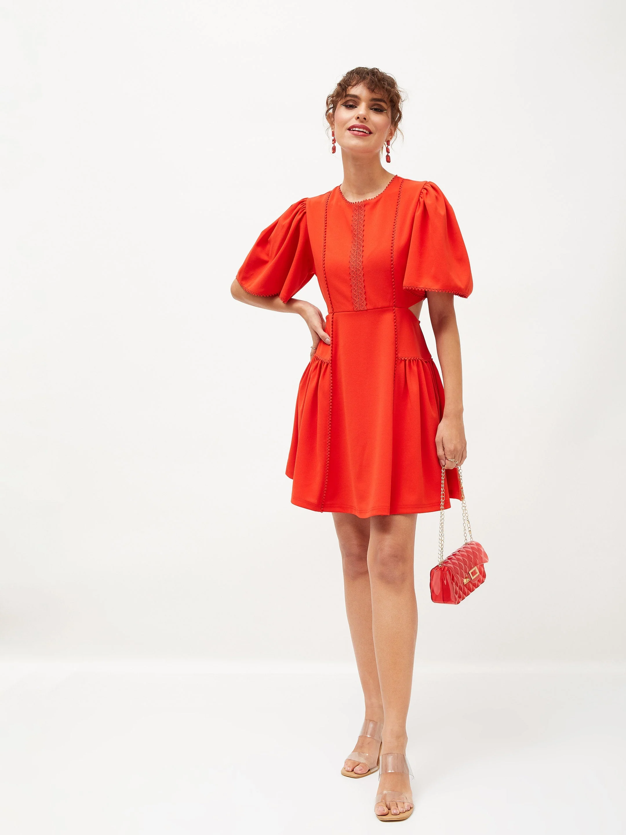 Women Orange Side Cut Out Skater Dress - Image 2