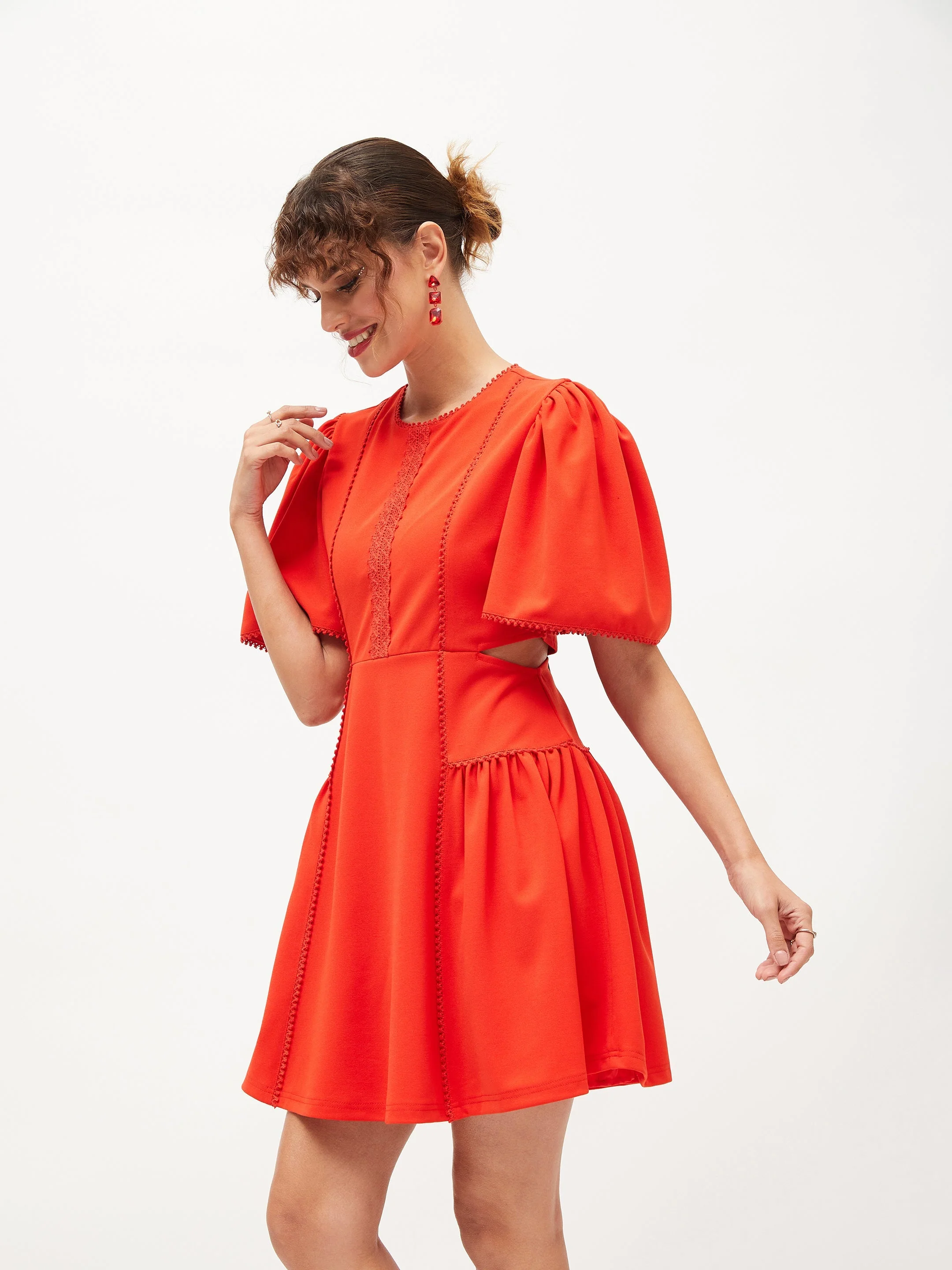 Women Orange Side Cut Out Skater Dress - Image 3