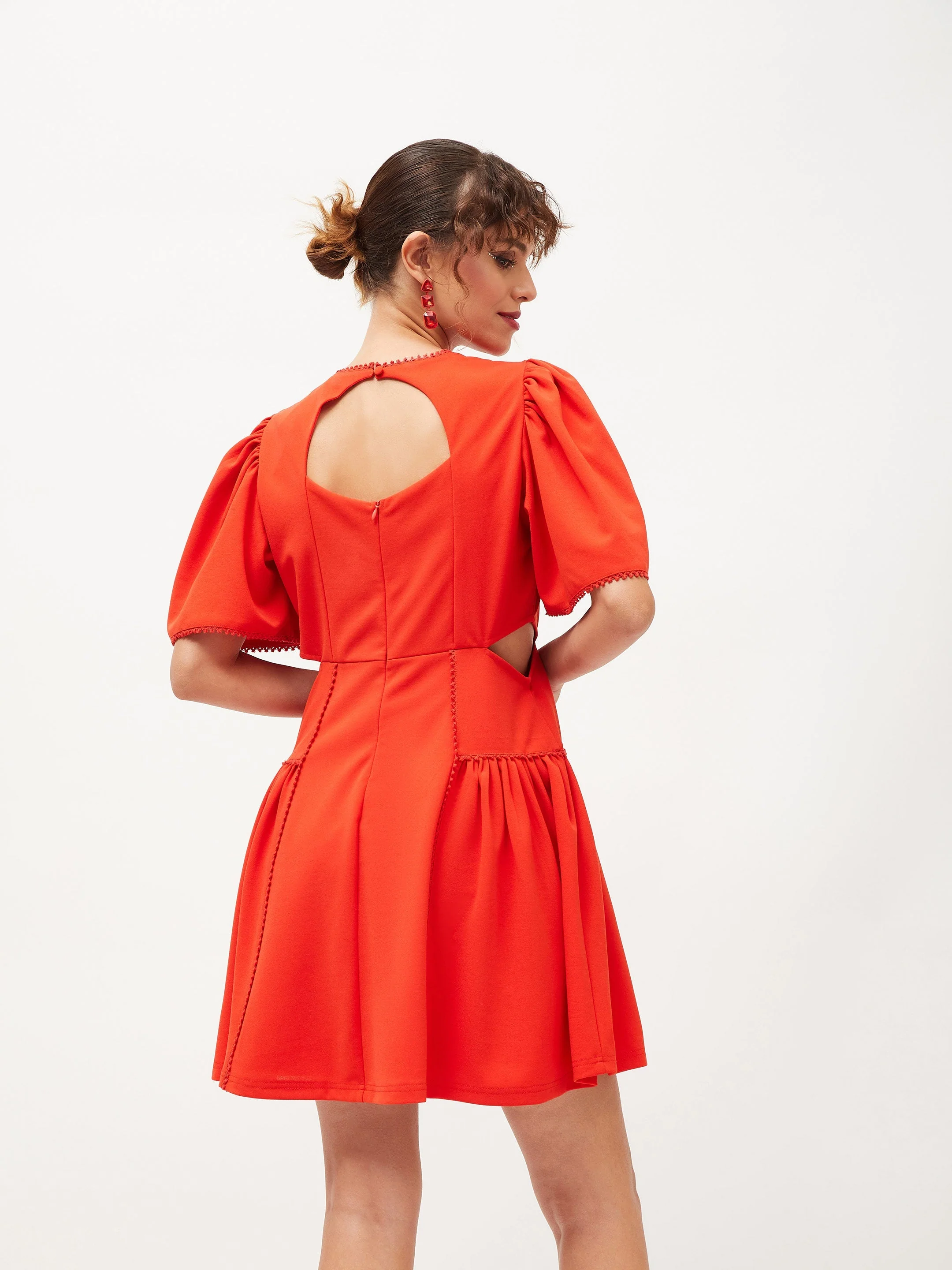 Women Orange Side Cut Out Skater Dress - Image 5
