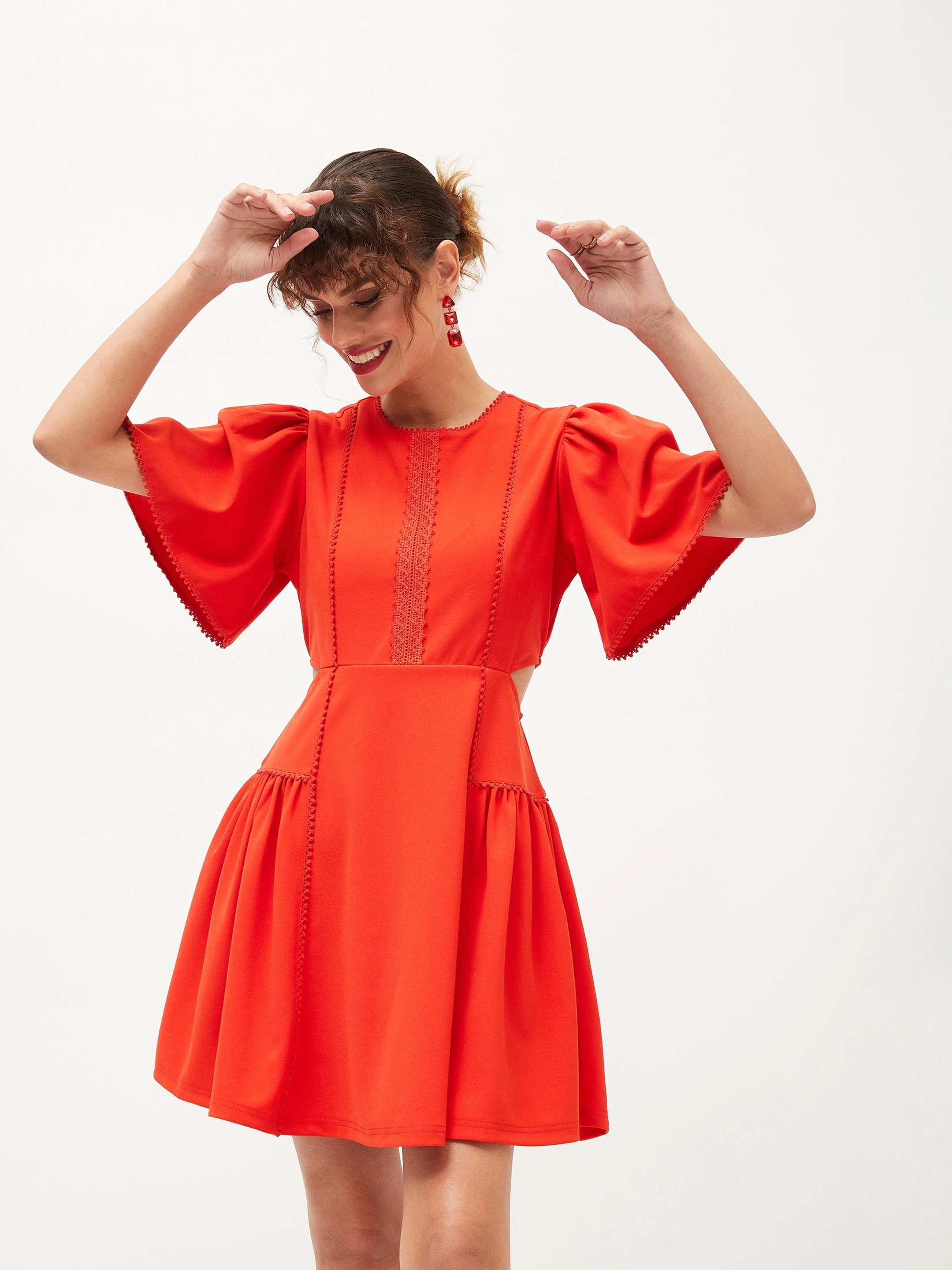 Women Orange Side Cut Out Skater Dress - Image 6