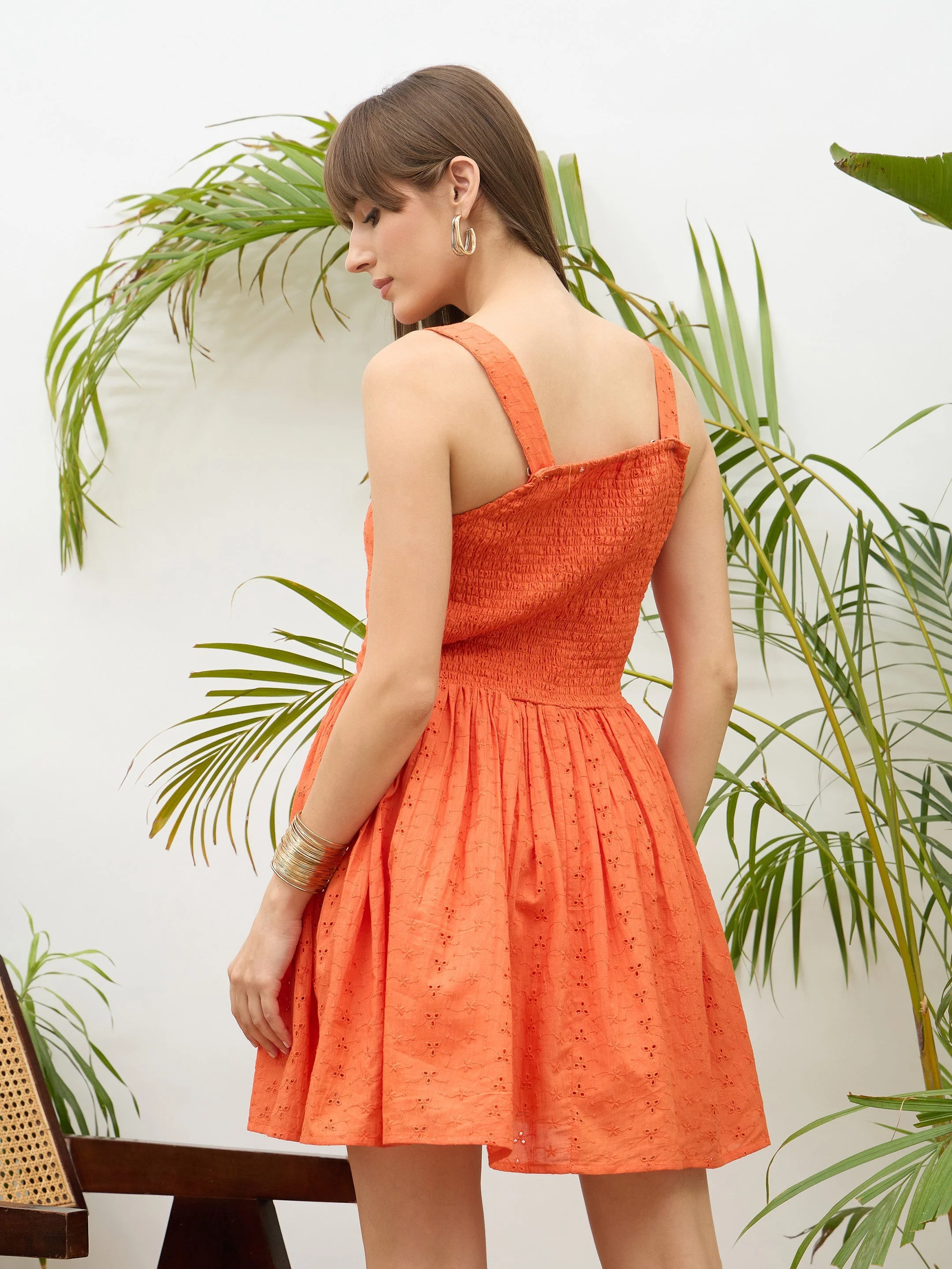 Women Orange Square Neck Strappy Short Dress - Image 5