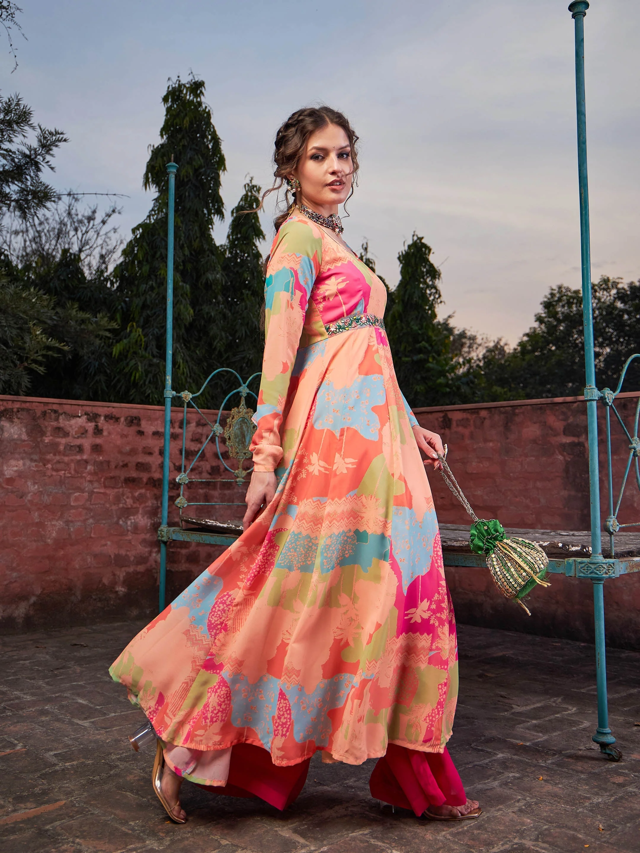 Women Orange Tie & Dye Back Criss Cross Dori Anarkali Kurta - Image 3