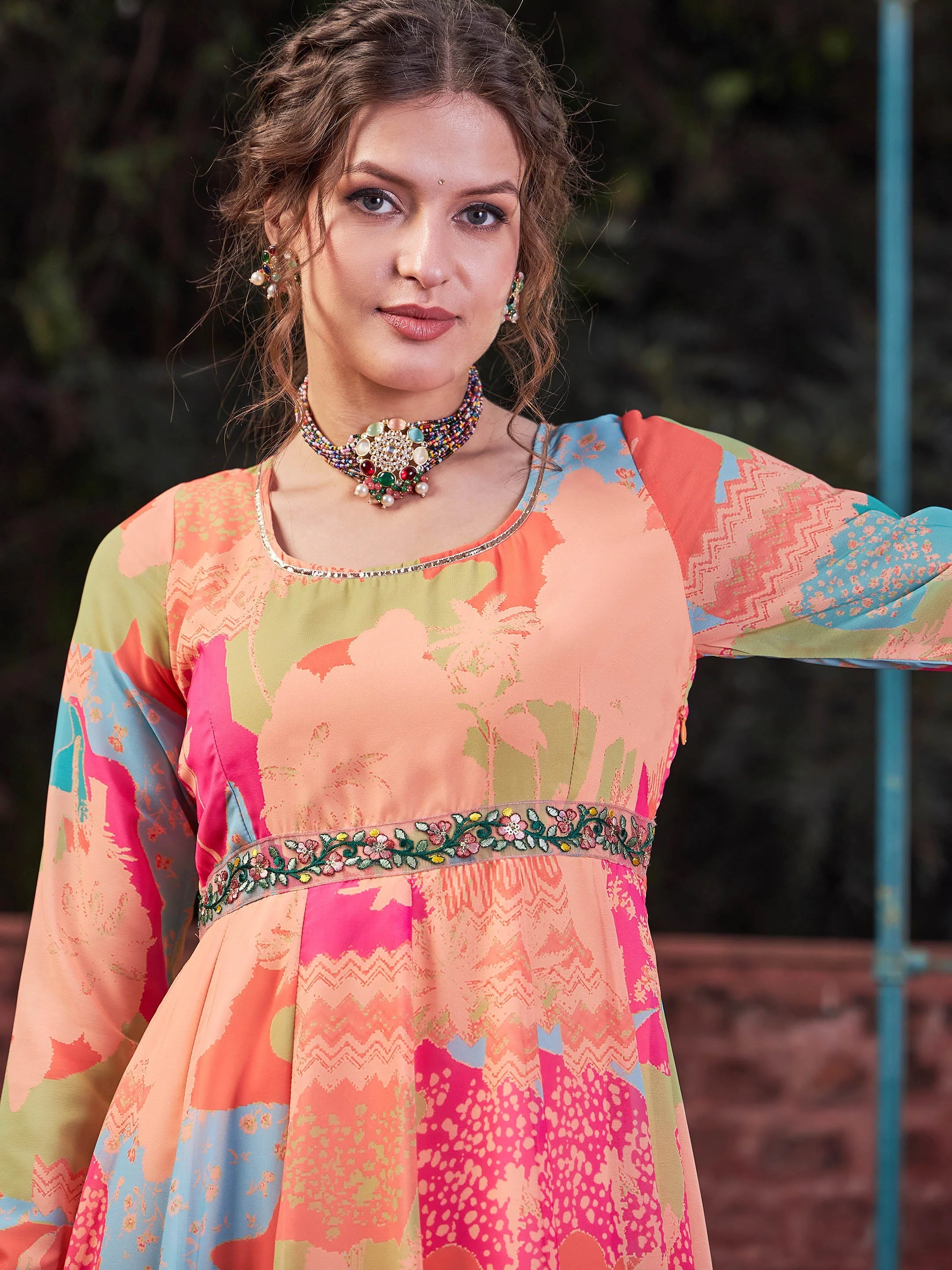 Women Orange Tie & Dye Back Criss Cross Dori Anarkali Kurta - Image 4