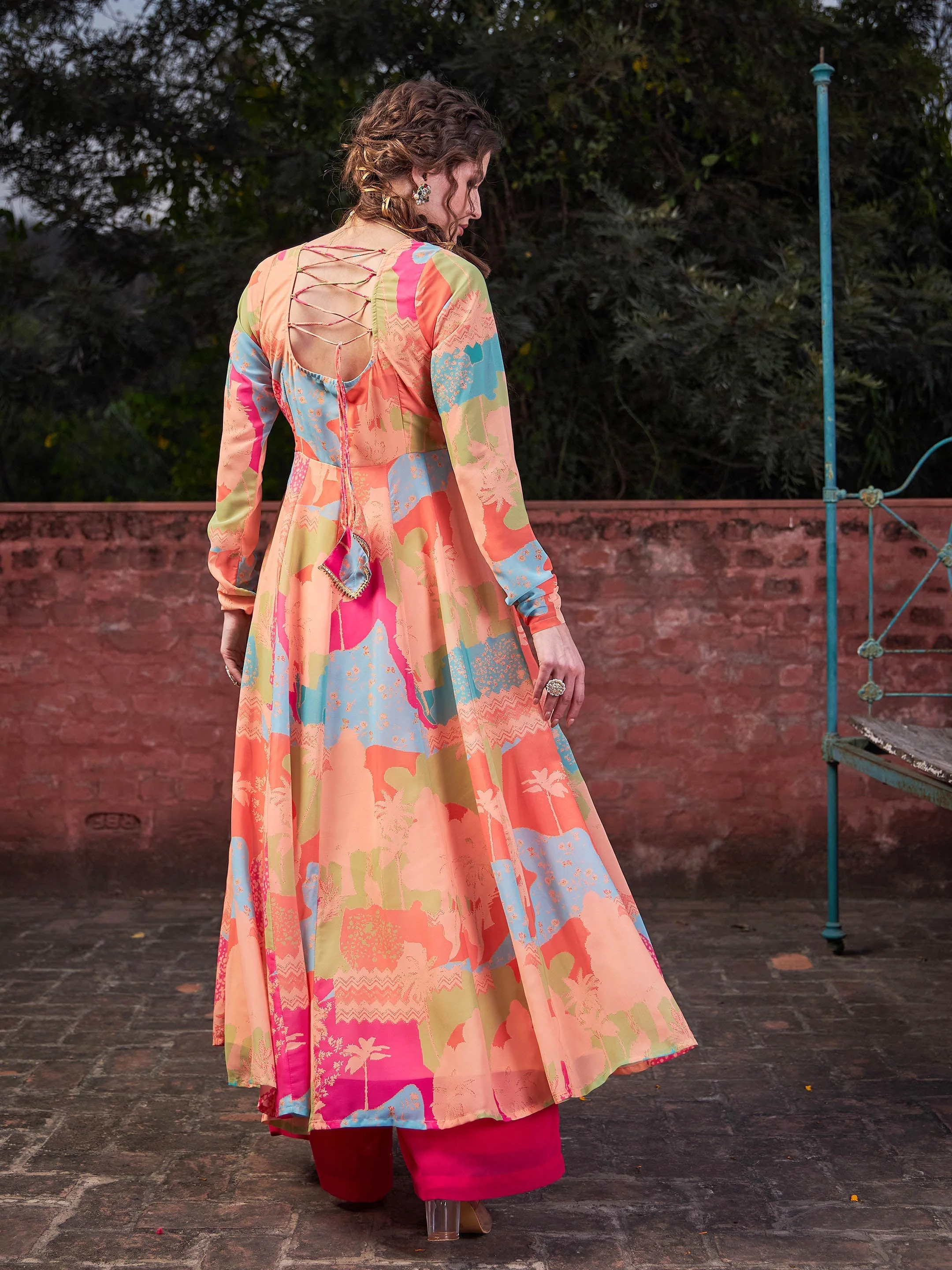 Women Orange Tie & Dye Back Criss Cross Dori Anarkali Kurta - Image 5