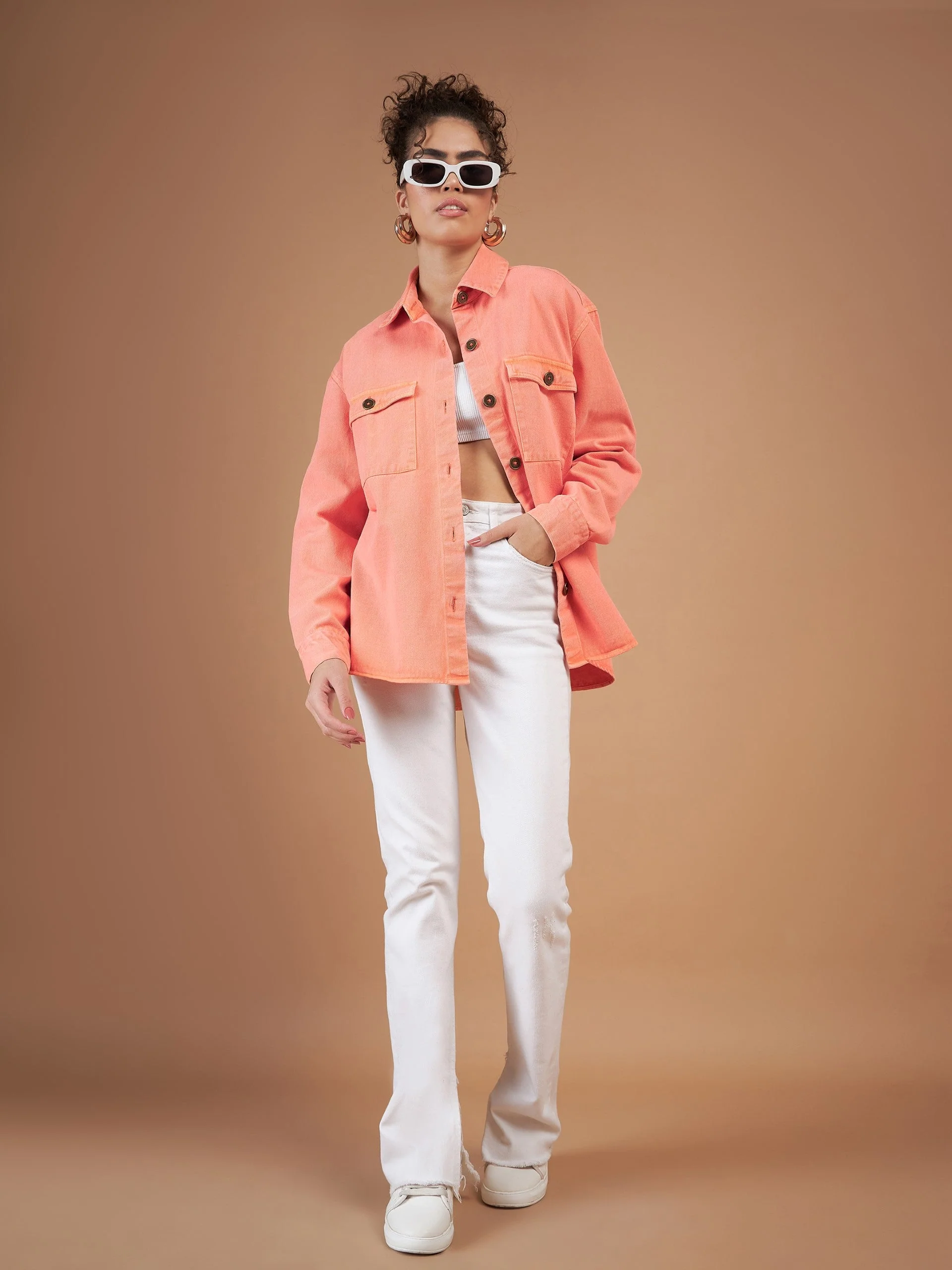 Women Orange Washed Denim Shacket - Image 2