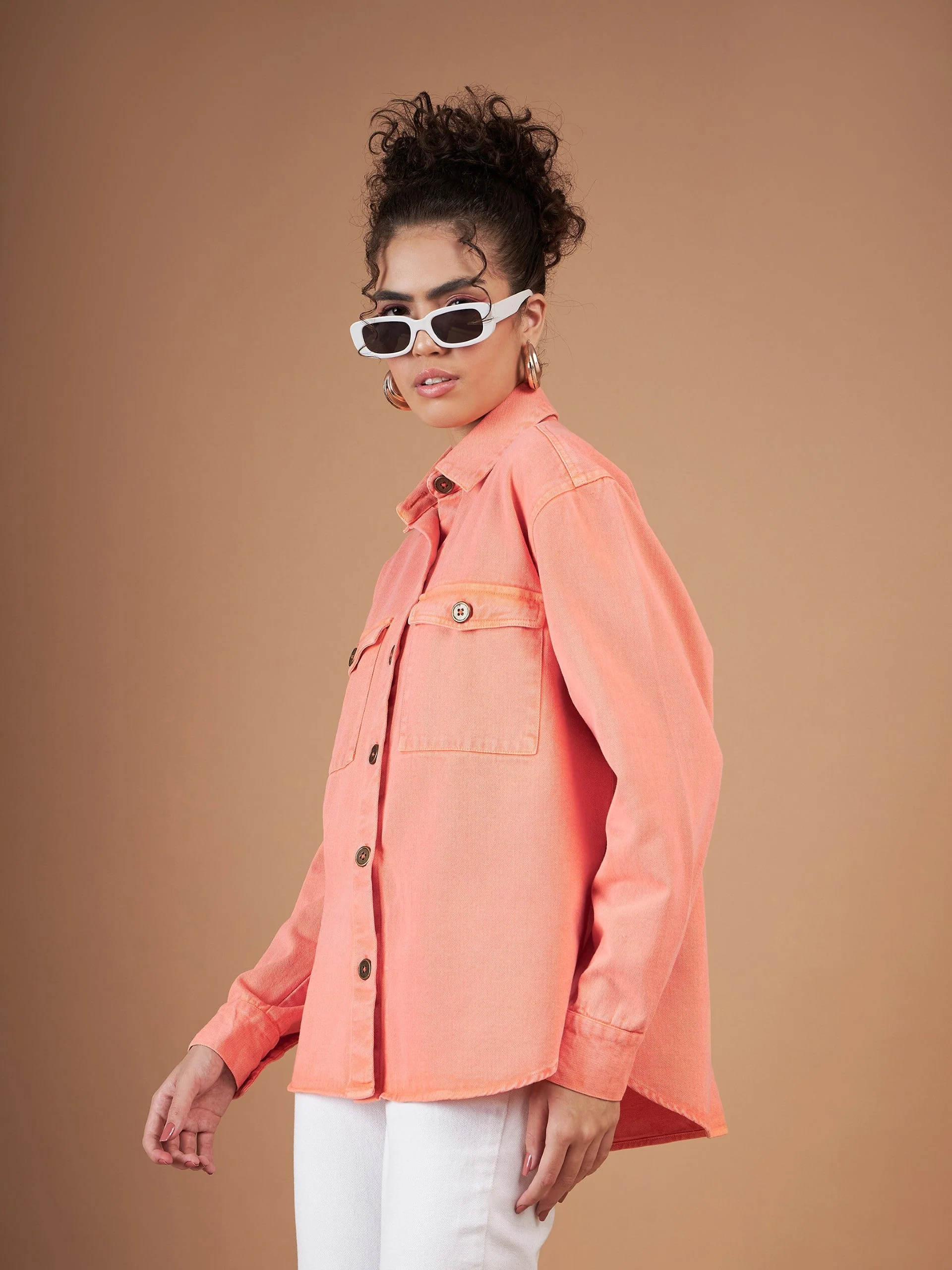 Women Orange Washed Denim Shacket - Image 3