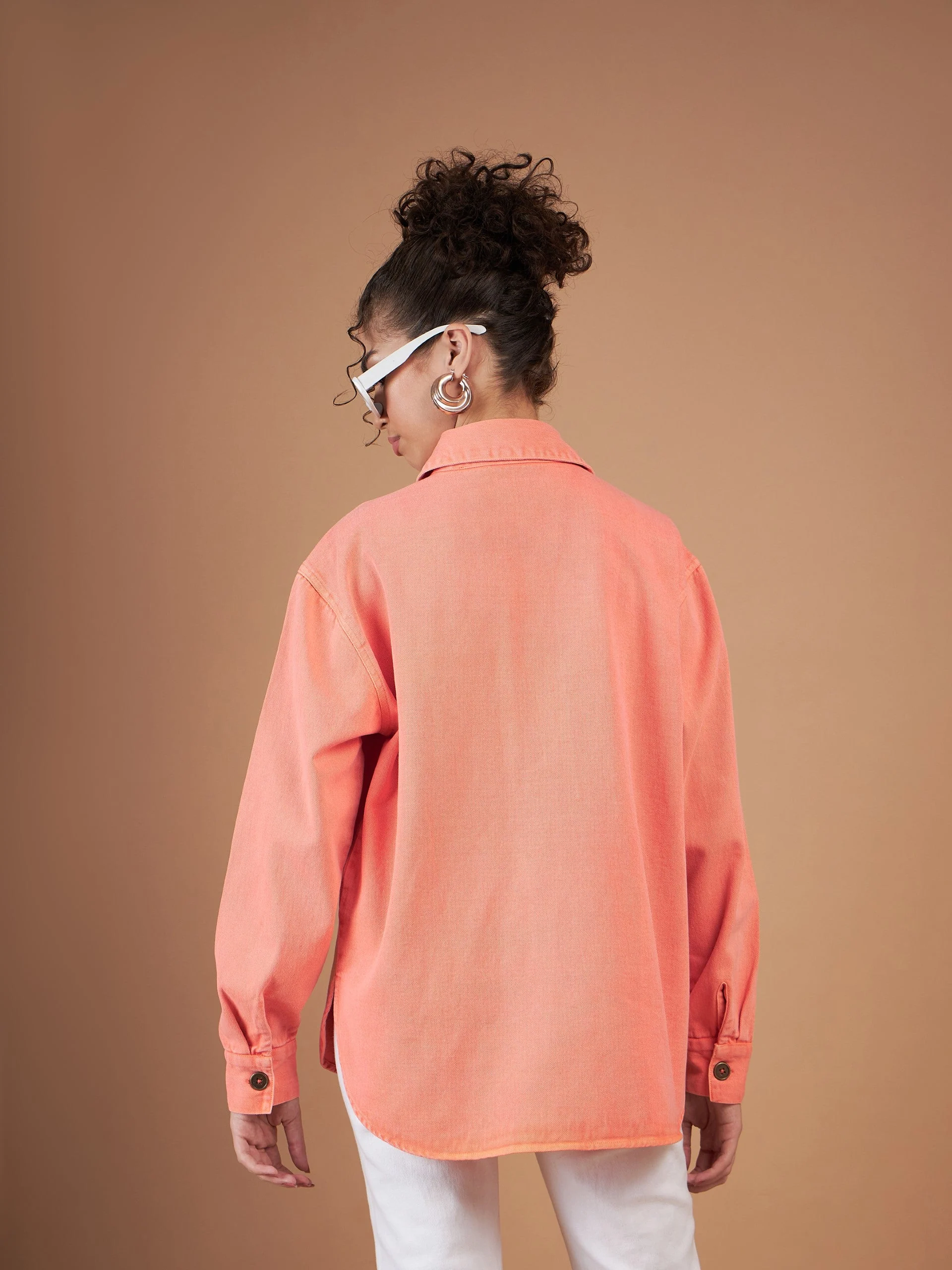 Women Orange Washed Denim Shacket - Image 5
