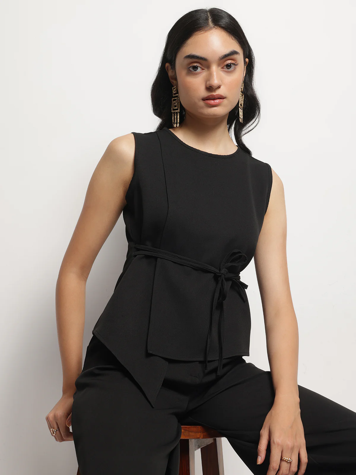 Women Overlap Asymmetrical Tie Knot Top - Image 3