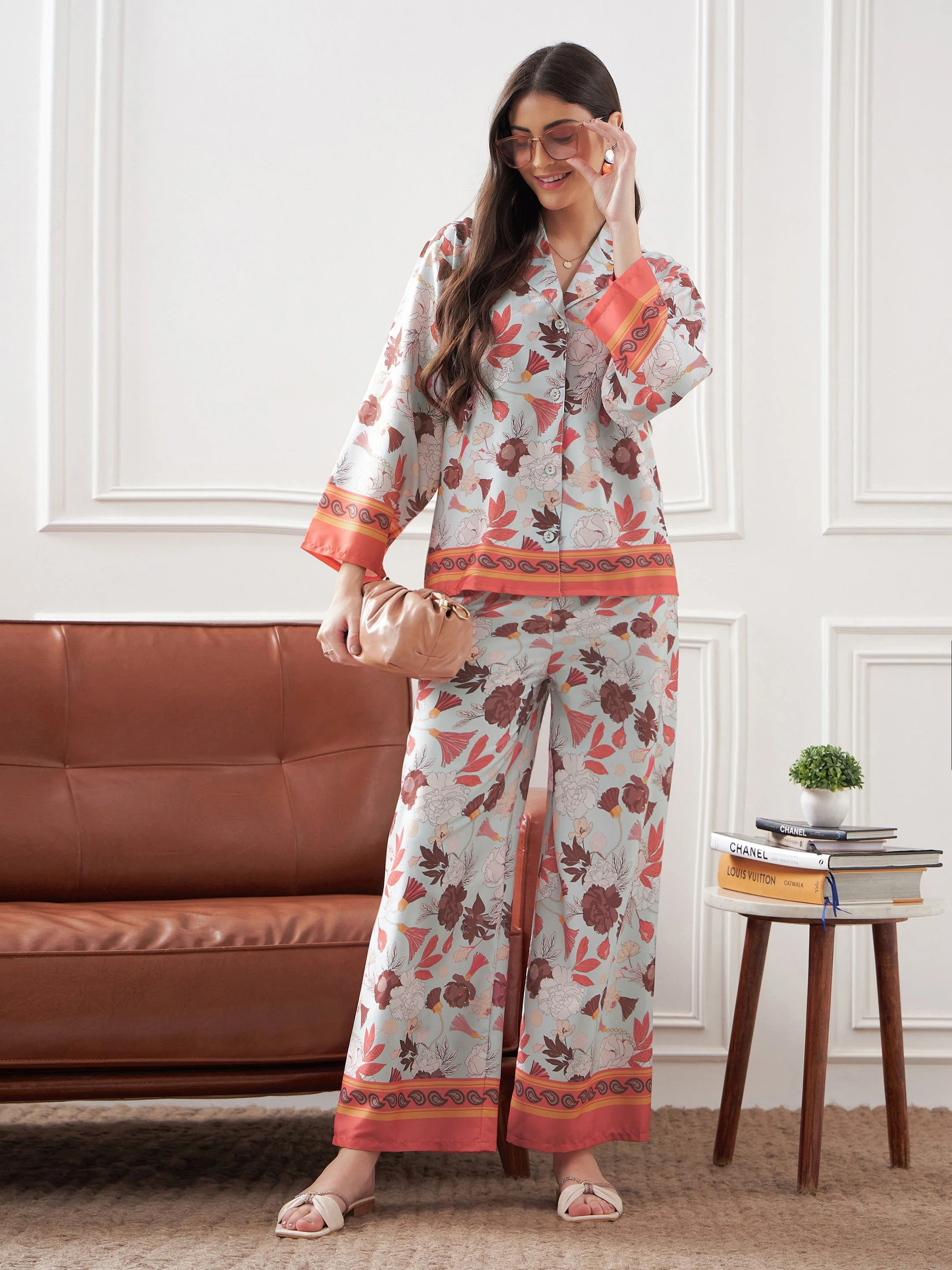 Women Pale Blue & Coral Tropical Notch Collar Shirt With Lounge Pants - Image 2