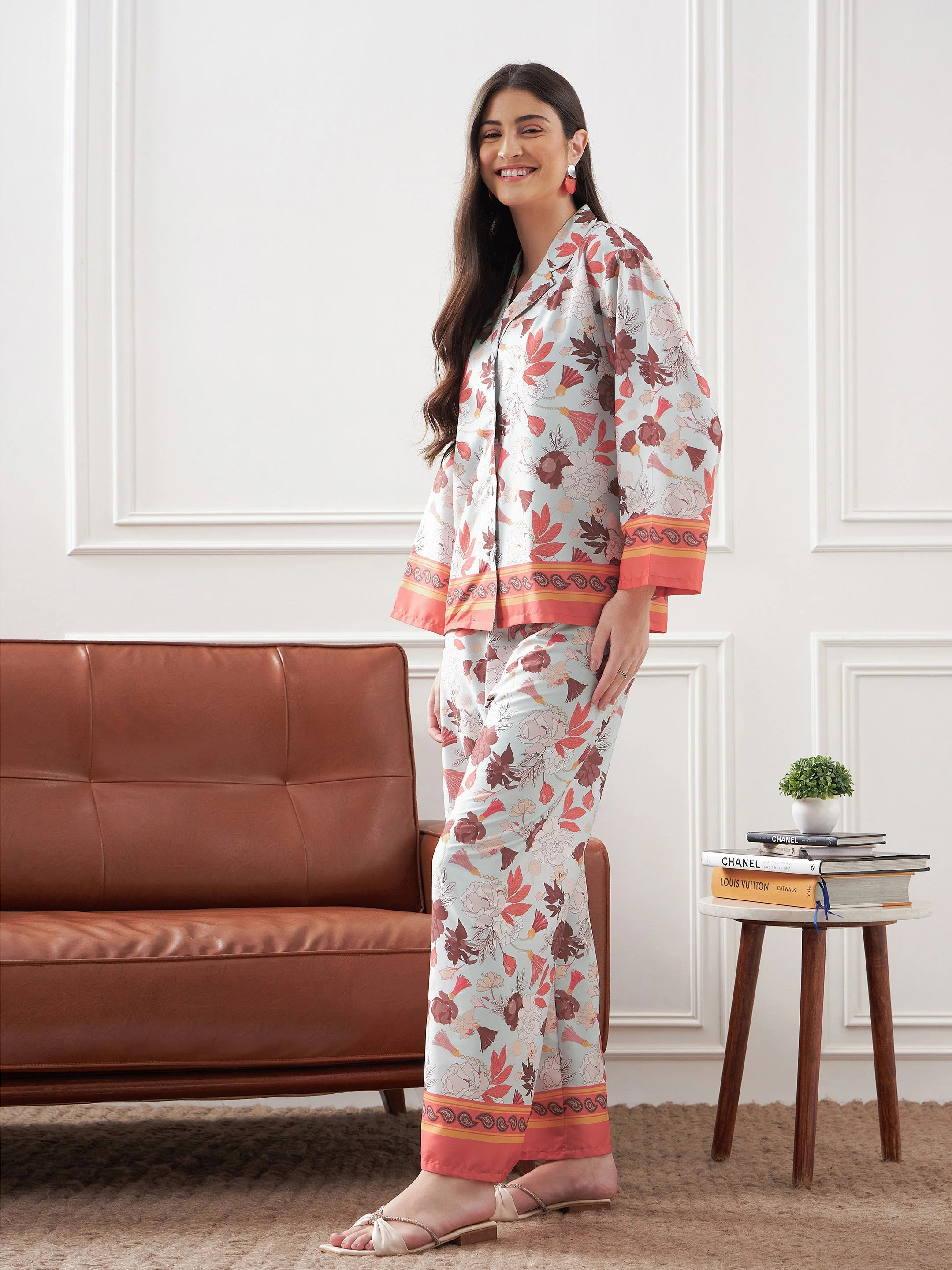 Women Pale Blue & Coral Tropical Notch Collar Shirt With Lounge Pants - Image 3