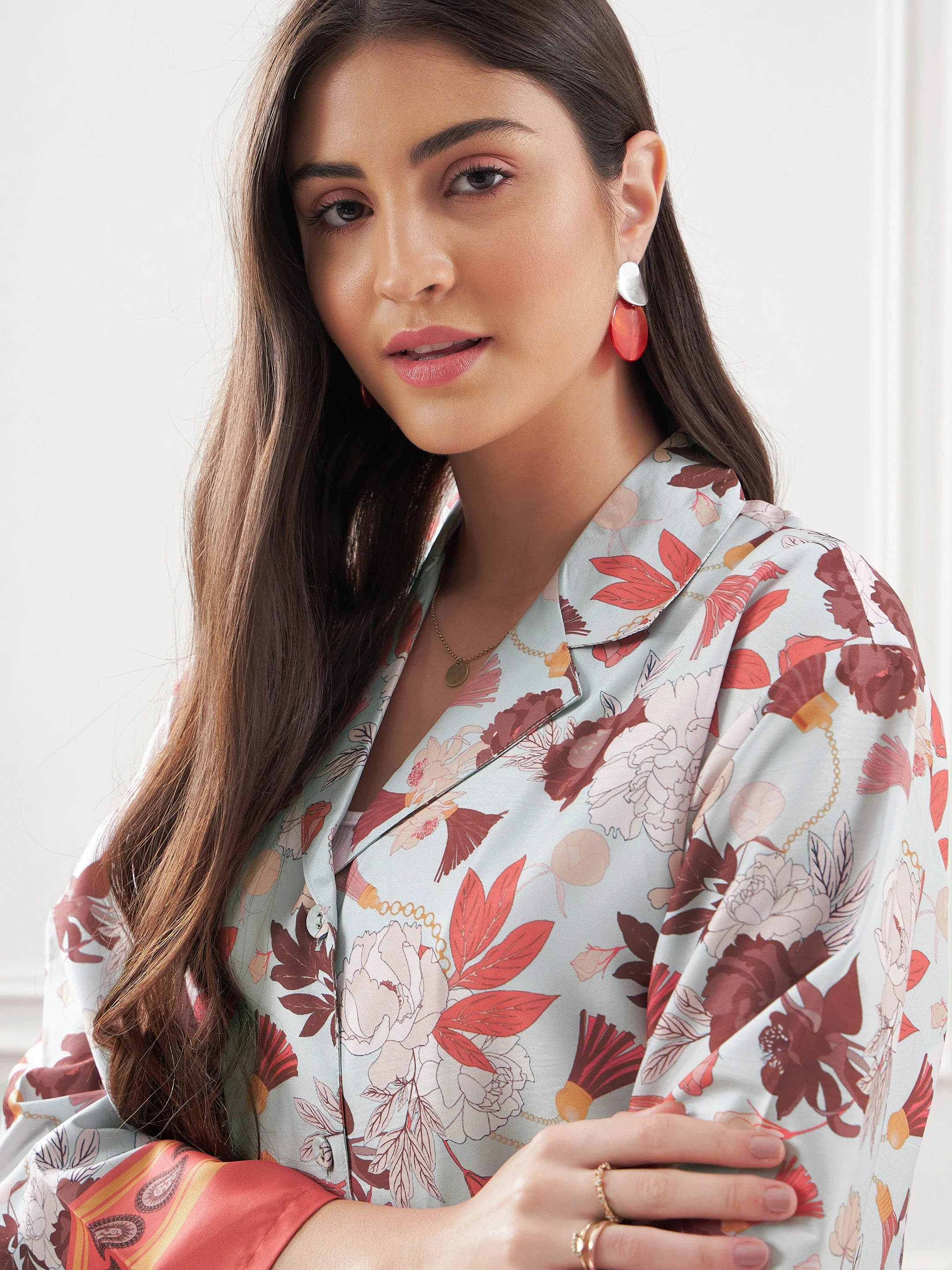Women Pale Blue & Coral Tropical Notch Collar Shirt With Lounge Pants - Image 4