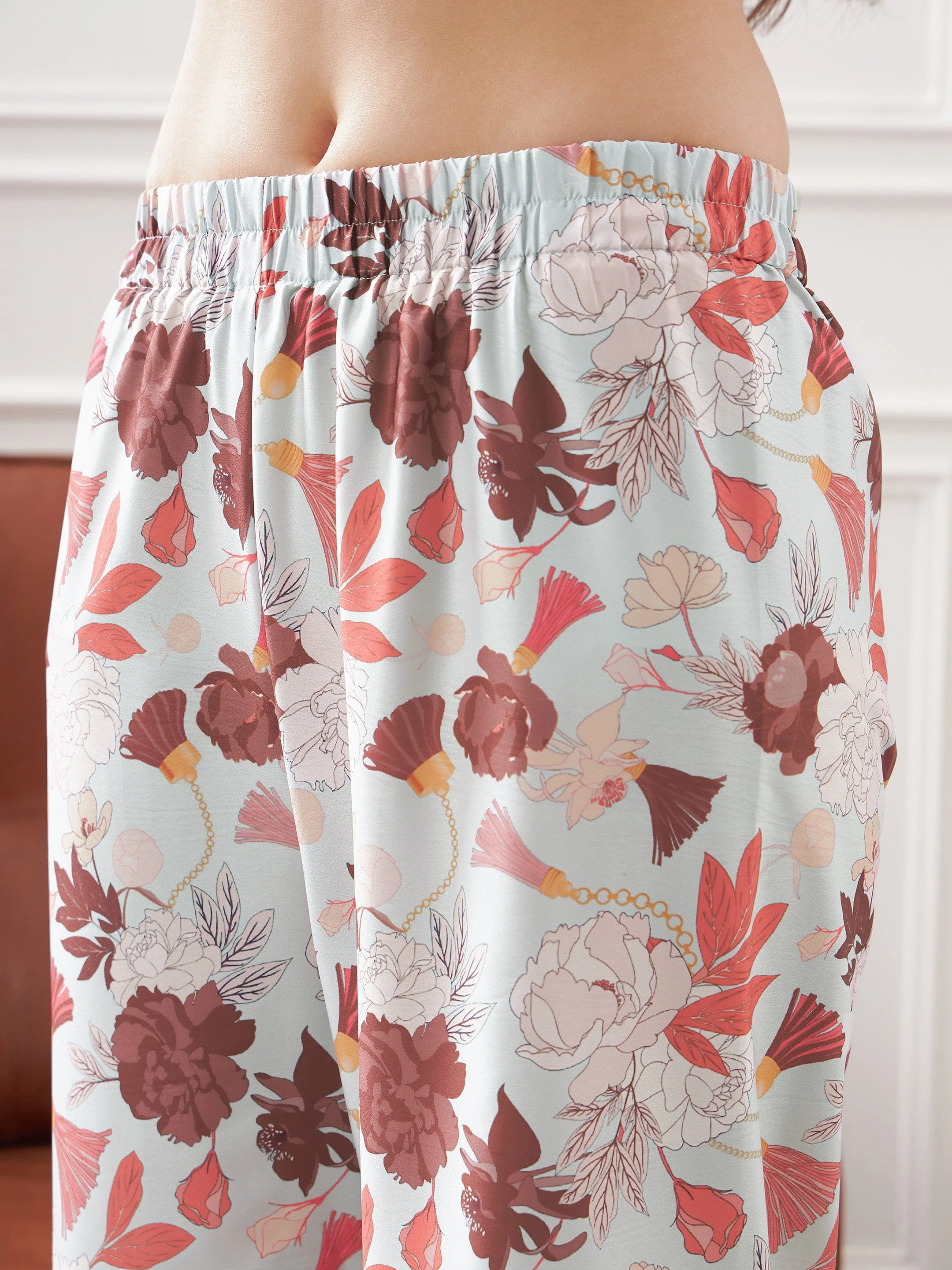 Women Pale Blue & Coral Tropical Notch Collar Shirt With Lounge Pants - Image 5
