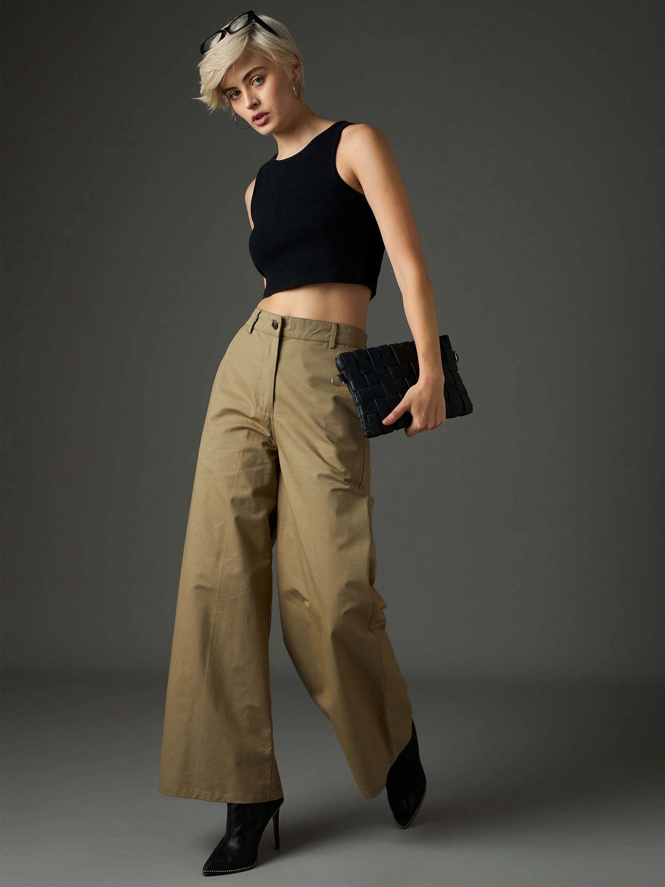 Women Pastel Olive Twill Flared Pants - Image 2