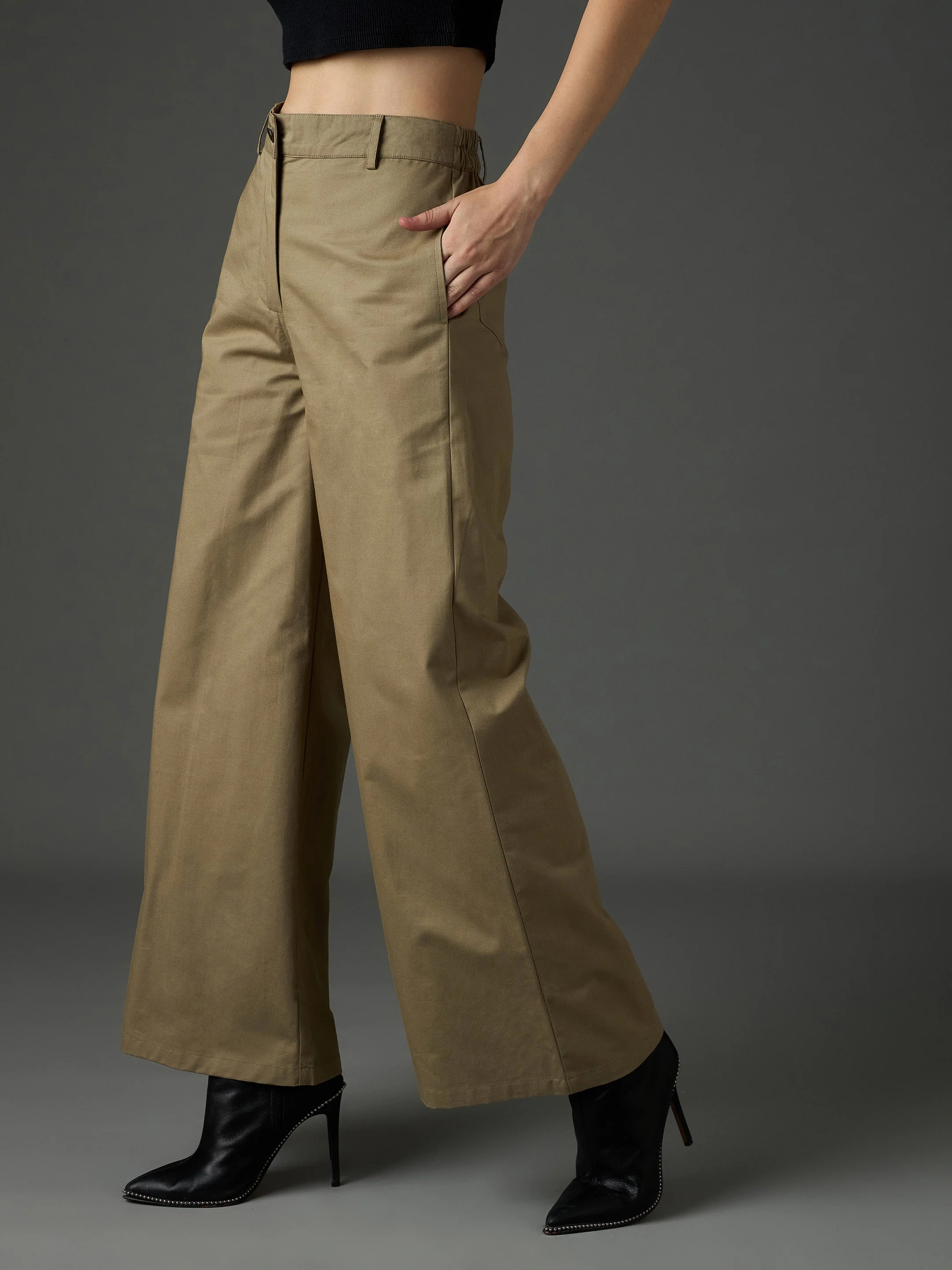 Women Pastel Olive Twill Flared Pants - Image 3