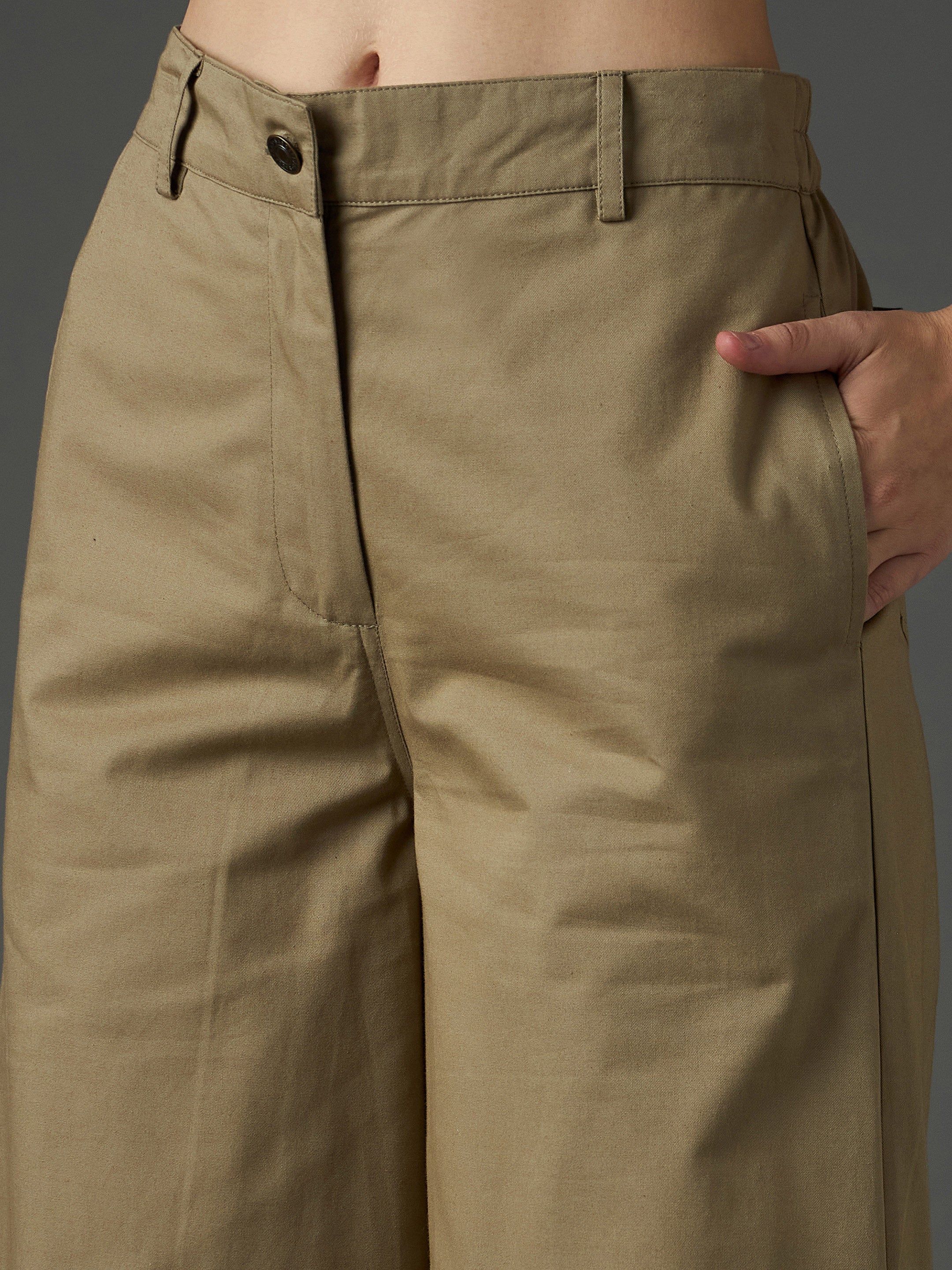 Women Pastel Olive Twill Flared Pants - Image 4