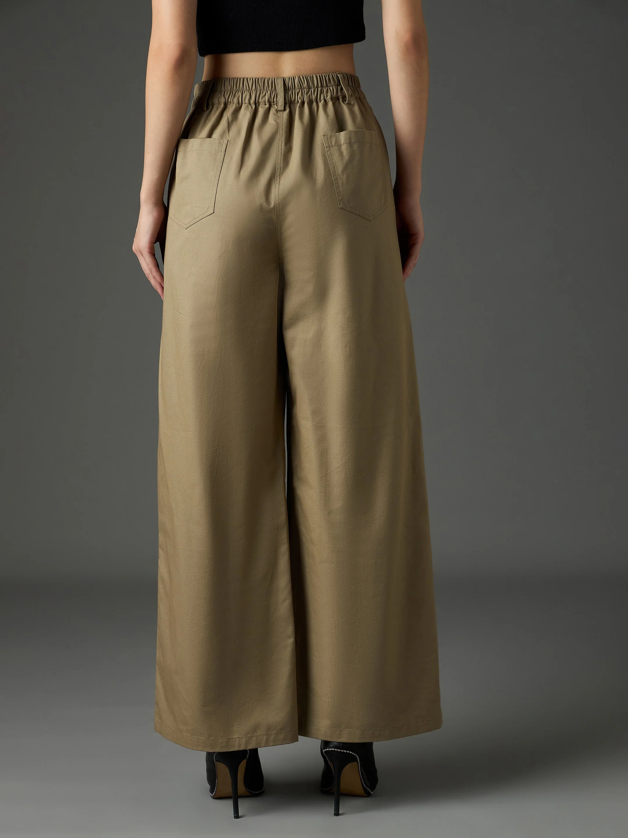 Women Pastel Olive Twill Flared Pants - Image 5