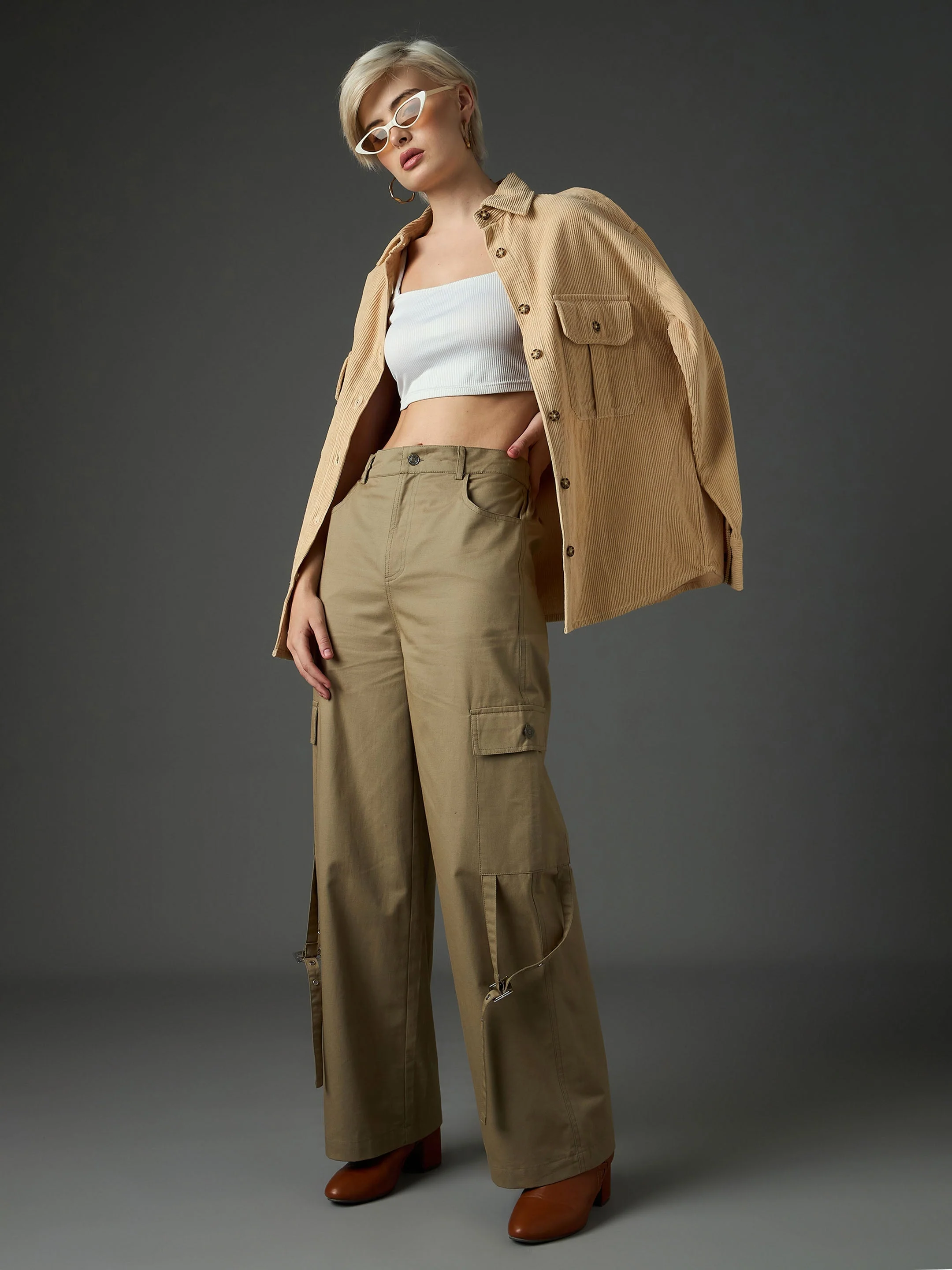 Women Pastel Olive Twill Pocket Loop Detail Cargo Pants - Image 2