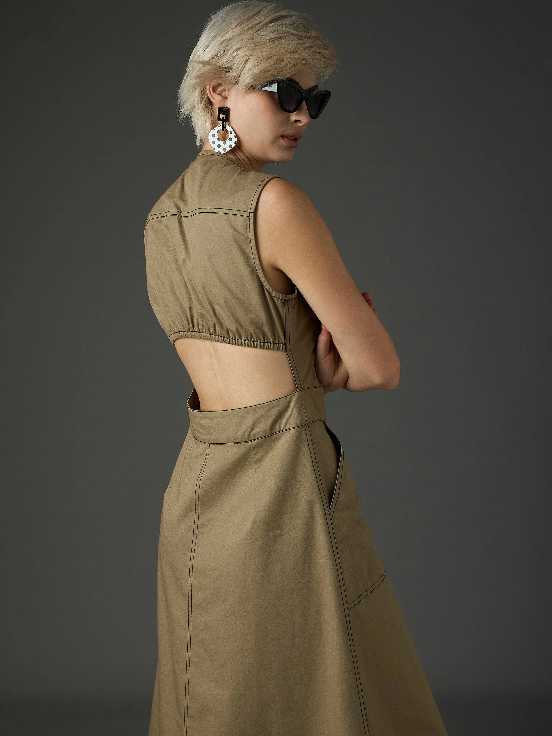 Women Pastel Olive Twill Waist Cut-Out Midi Dress - Image 2