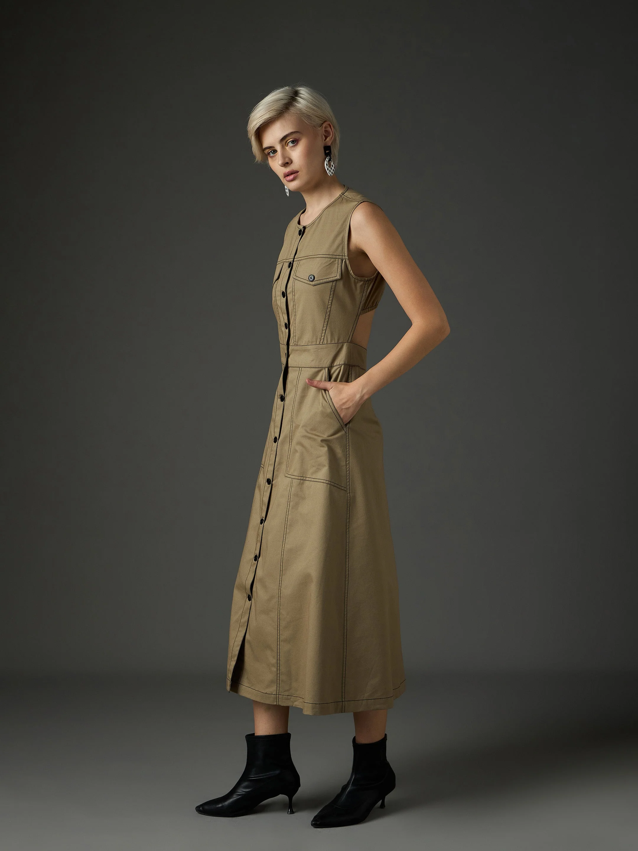 Women Pastel Olive Twill Waist Cut-Out Midi Dress - Image 3