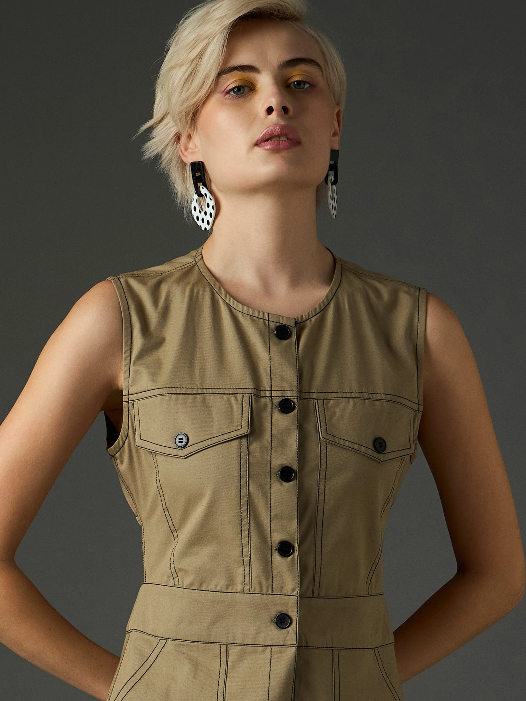 Women Pastel Olive Twill Waist Cut-Out Midi Dress - Image 4