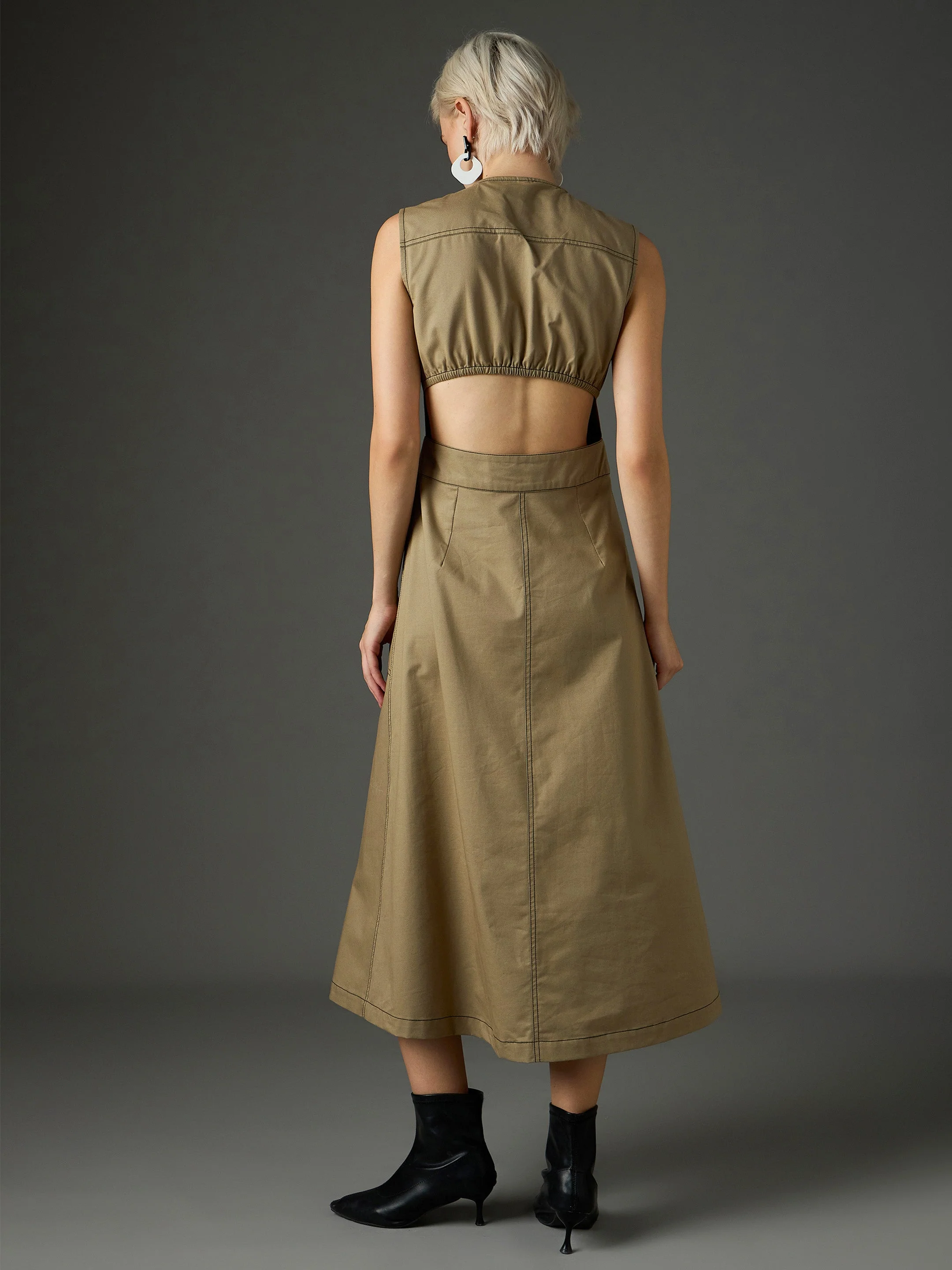 Women Pastel Olive Twill Waist Cut-Out Midi Dress - Image 5