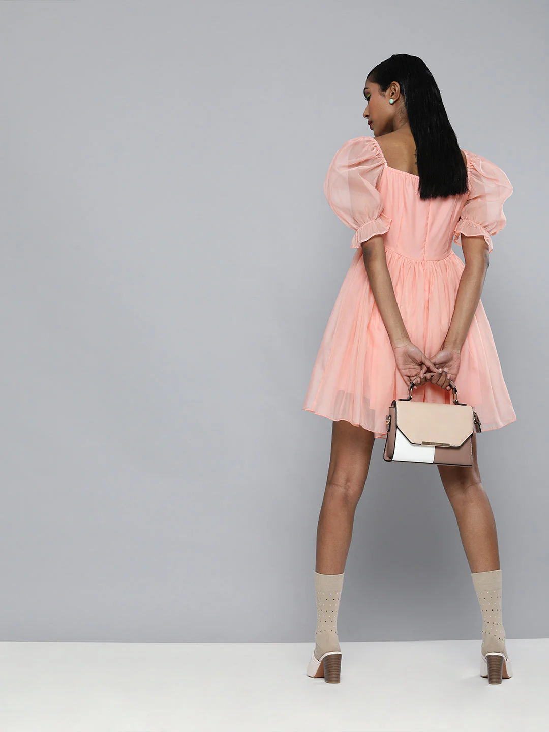 Women Pastel Pink Organza Puff Sleeve Dress - Image 2