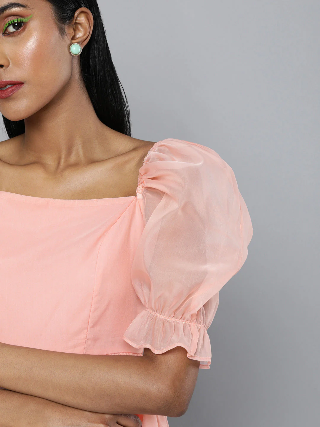 Women Pastel Pink Organza Puff Sleeve Dress - Image 5