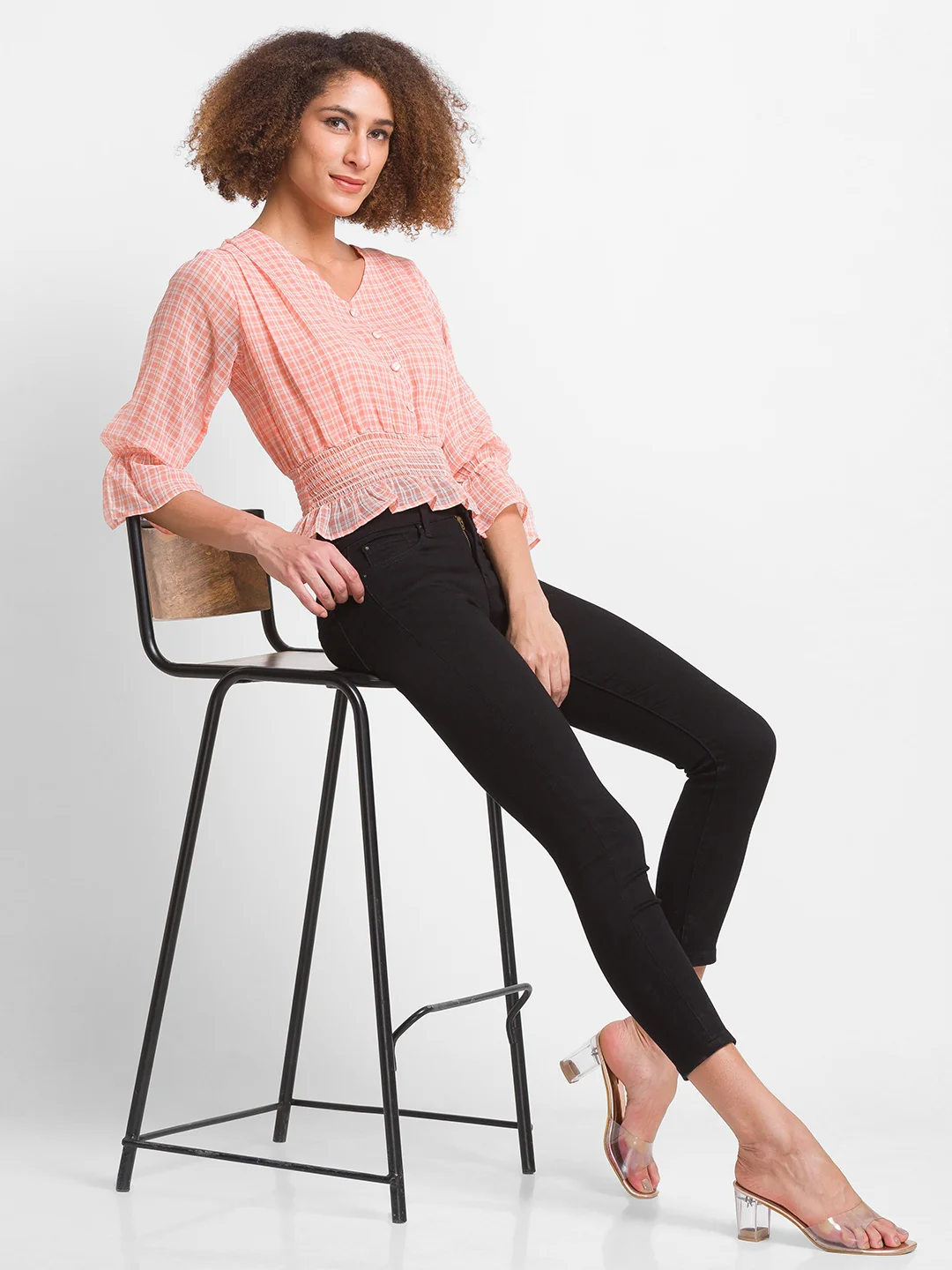 Women Peach Checked Top - Image 4
