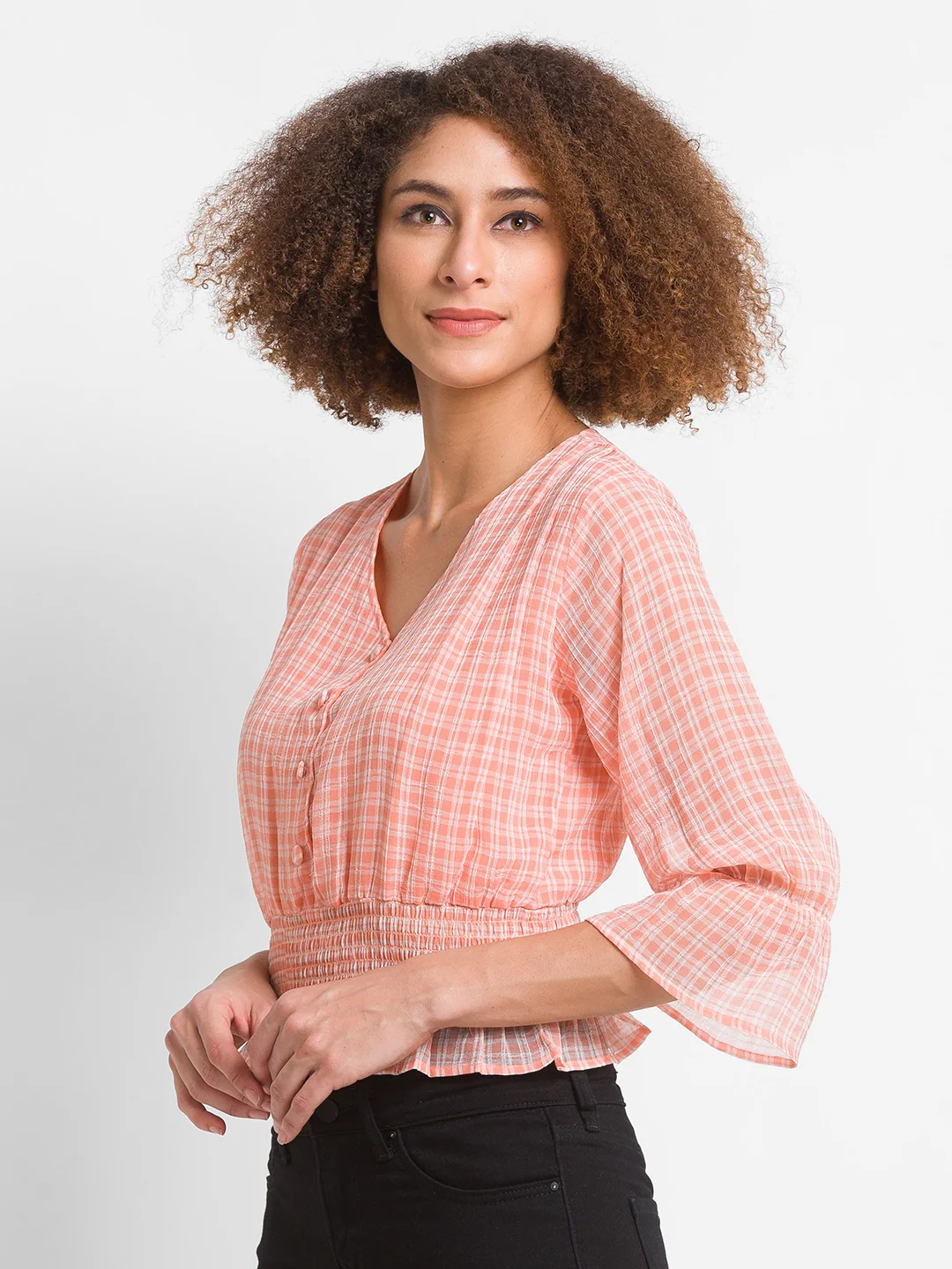 Women Peach Checked Top - Image 5