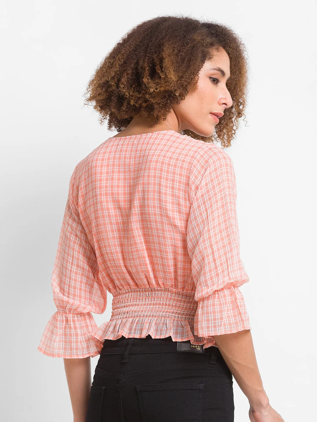 Women Peach Checked Top - Image 6
