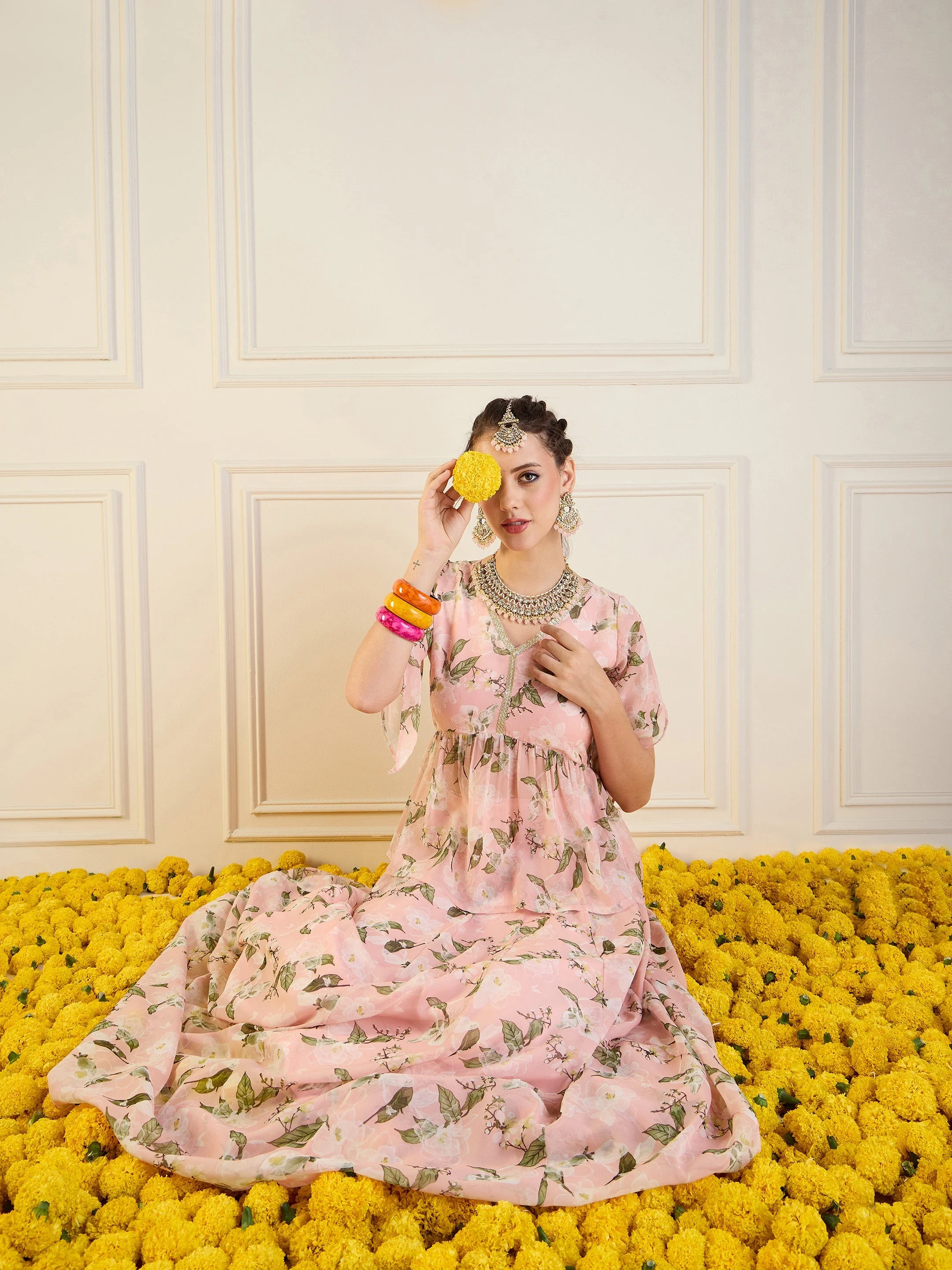 Women Peach Floral Anarkali Skirt With Peplum Top - Image 2