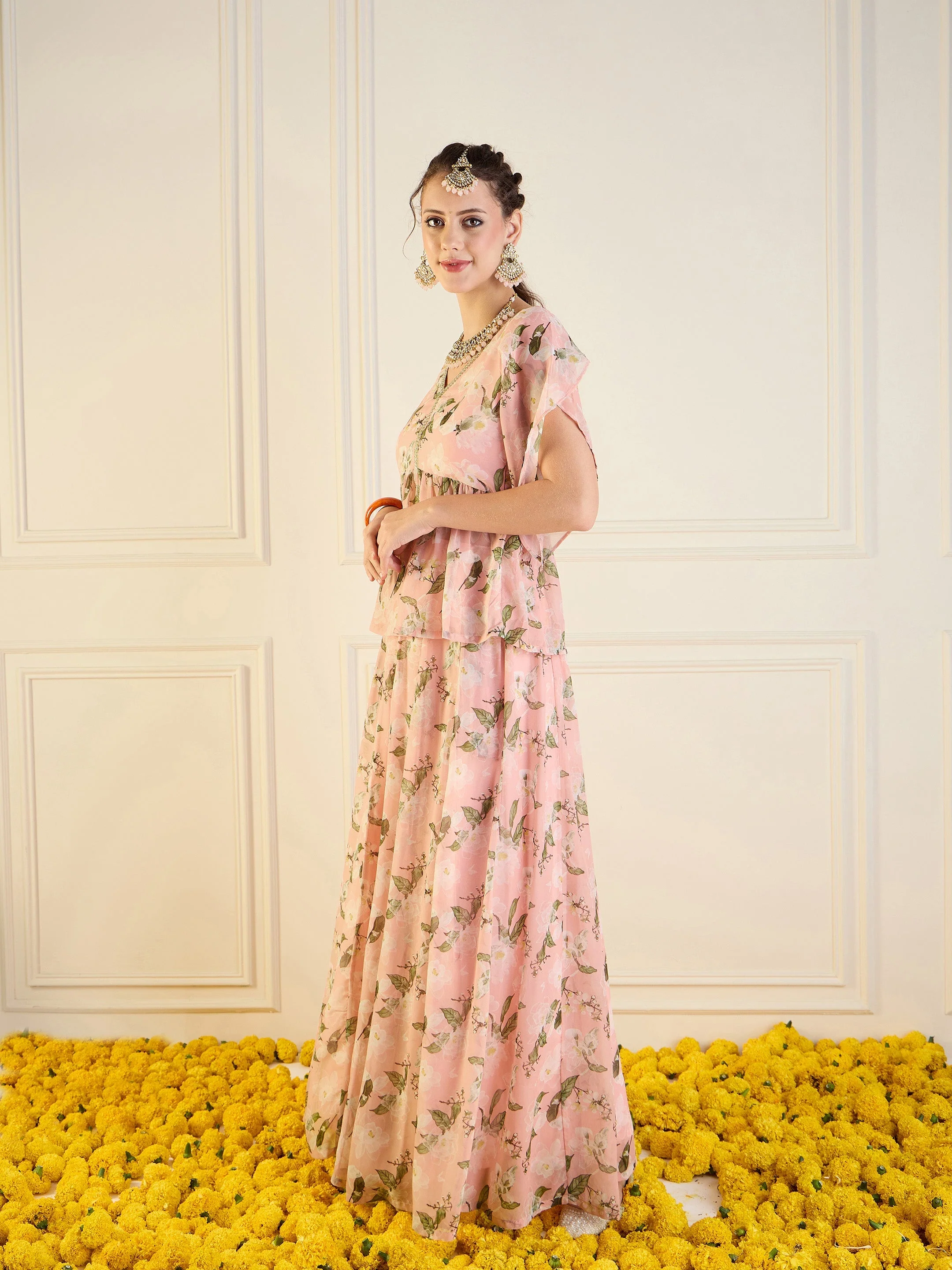 Women Peach Floral Anarkali Skirt With Peplum Top - Image 3