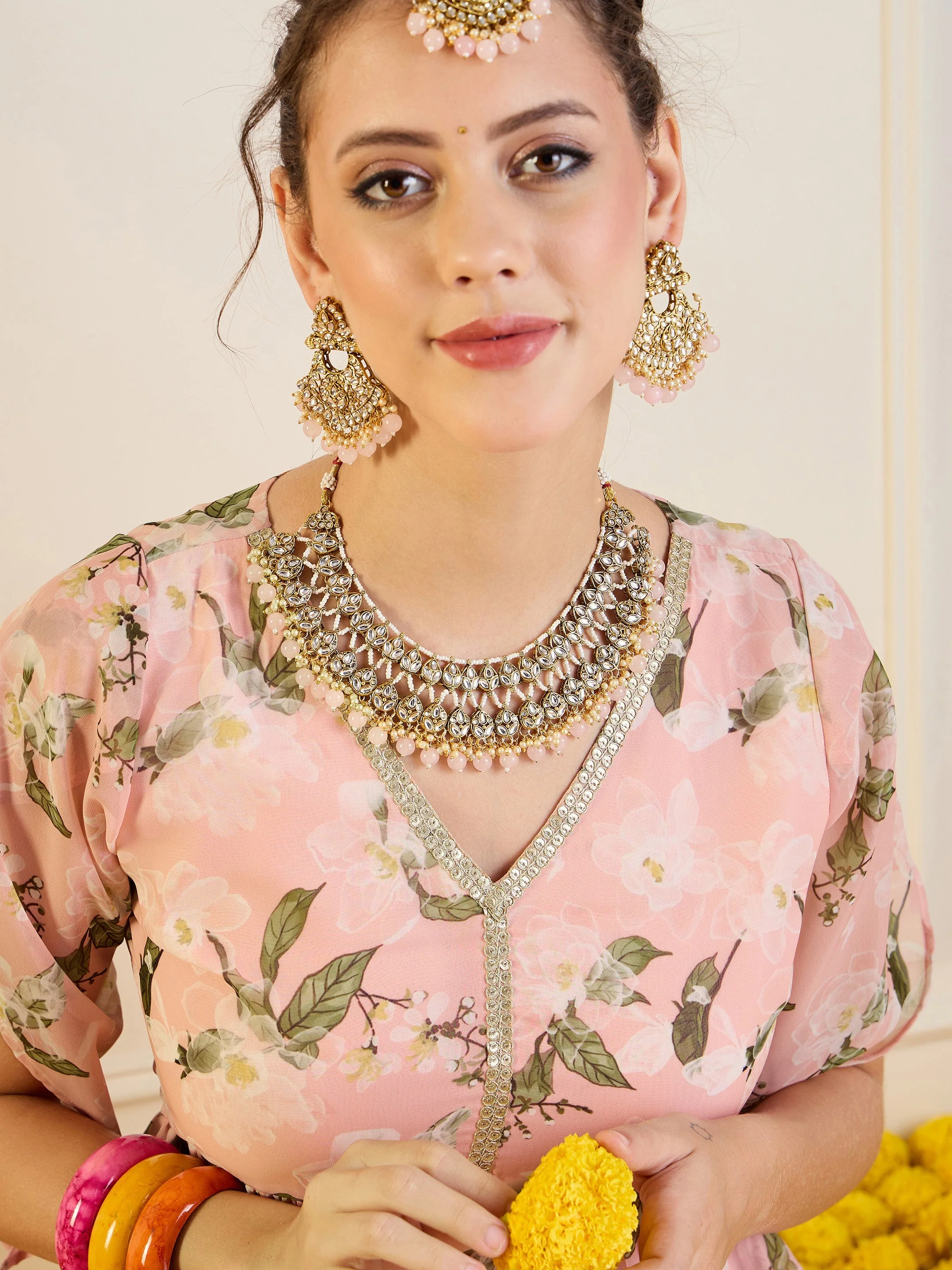 Women Peach Floral Anarkali Skirt With Peplum Top - Image 4