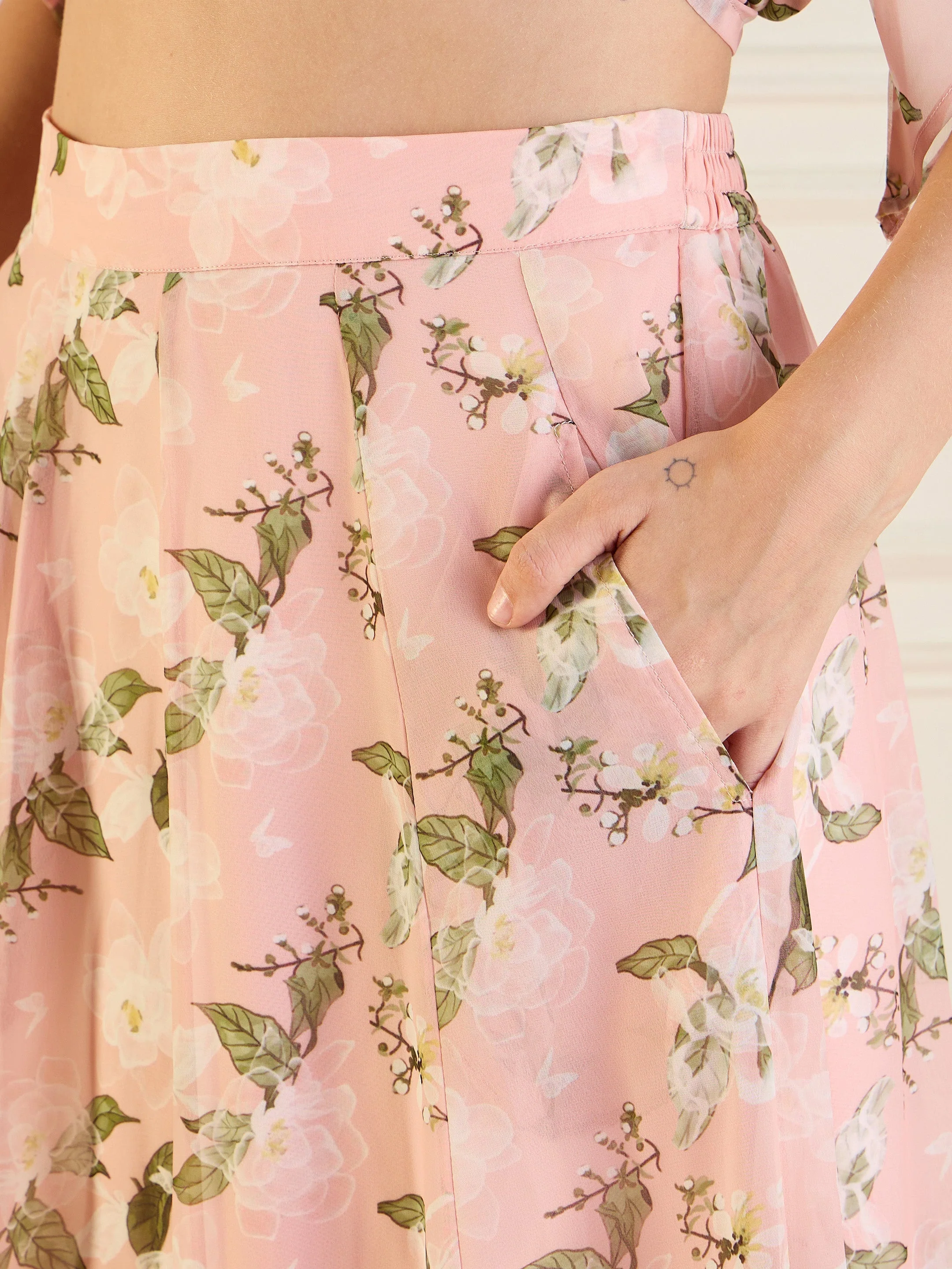 Women Peach Floral Anarkali Skirt With Peplum Top - Image 5