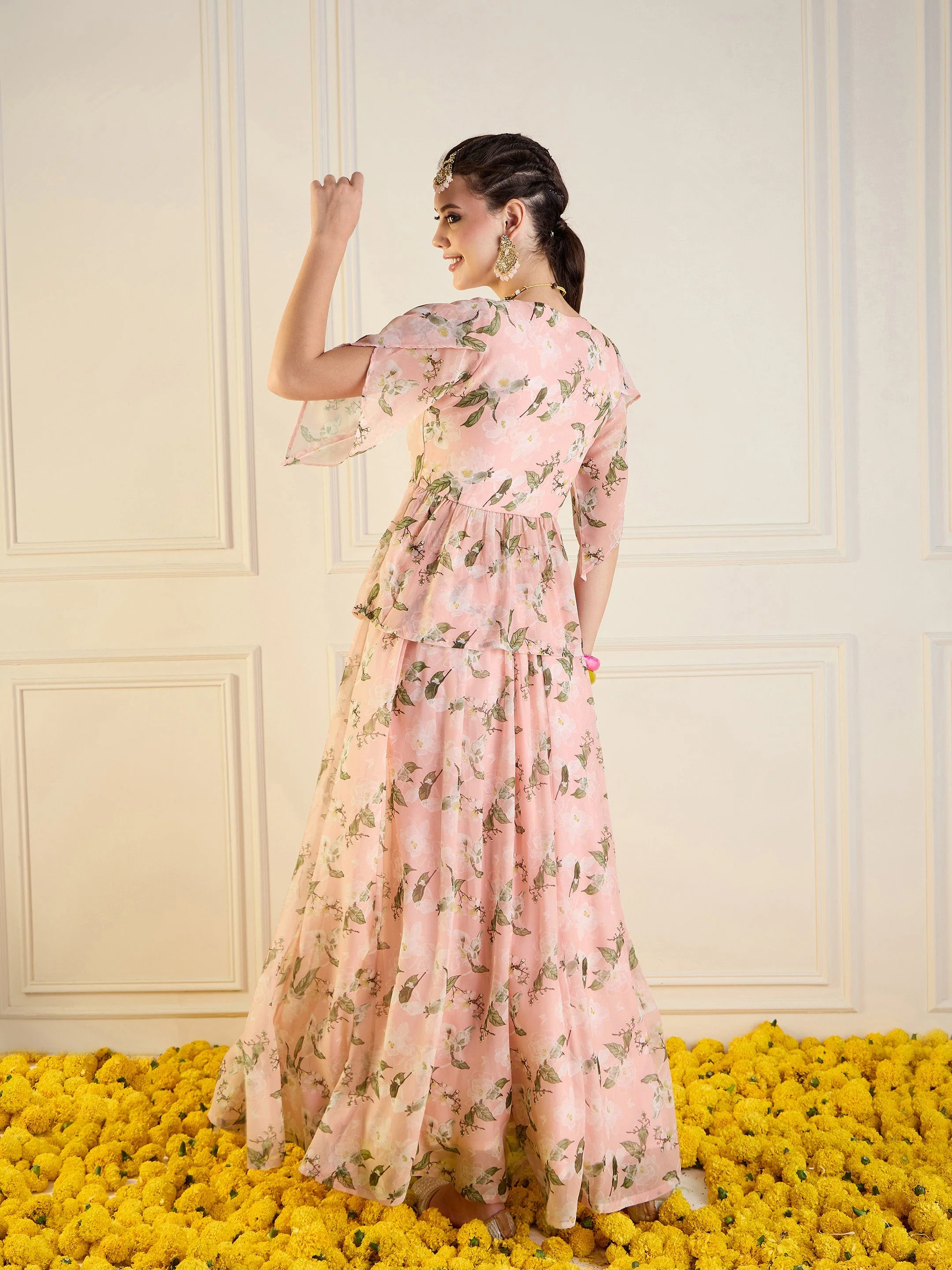 Women Peach Floral Anarkali Skirt With Peplum Top - Image 6