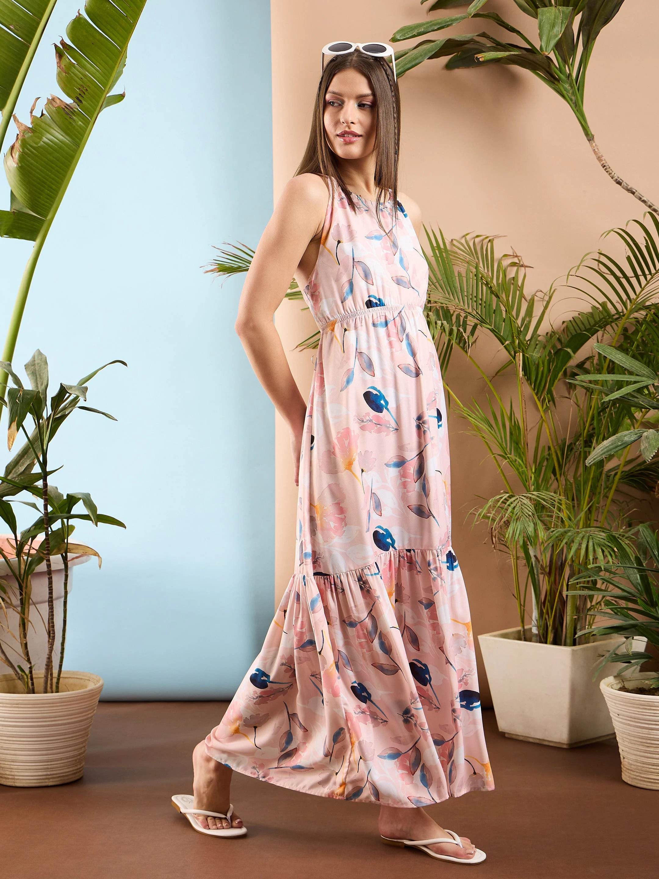 Women Peach Floral Back Less Maxi Dress - Image 5